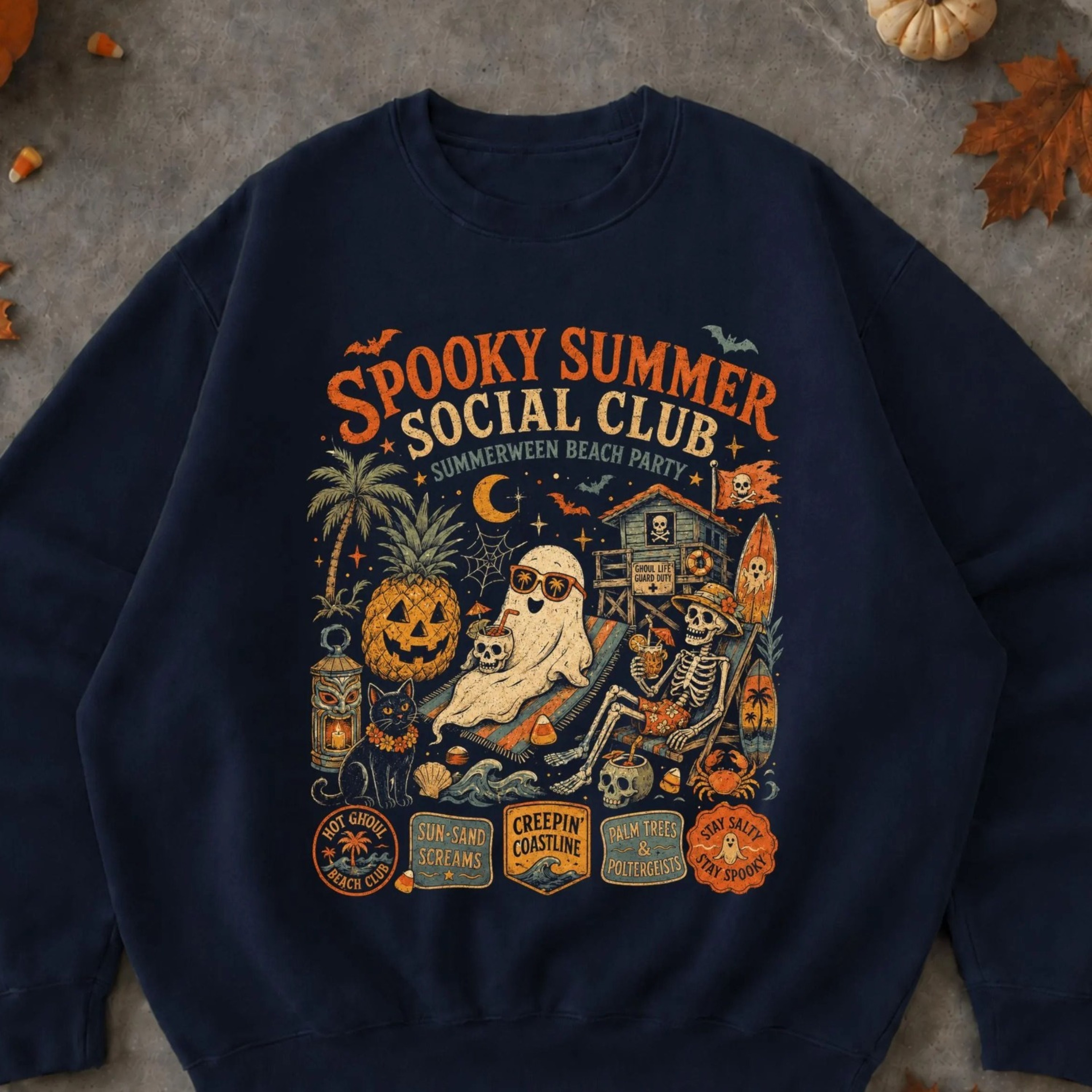 Spooky Summer Social Club Shirt Summerween Halloween Tshirt Ghost Skeleton Pumpkin Beach Tee Retro  