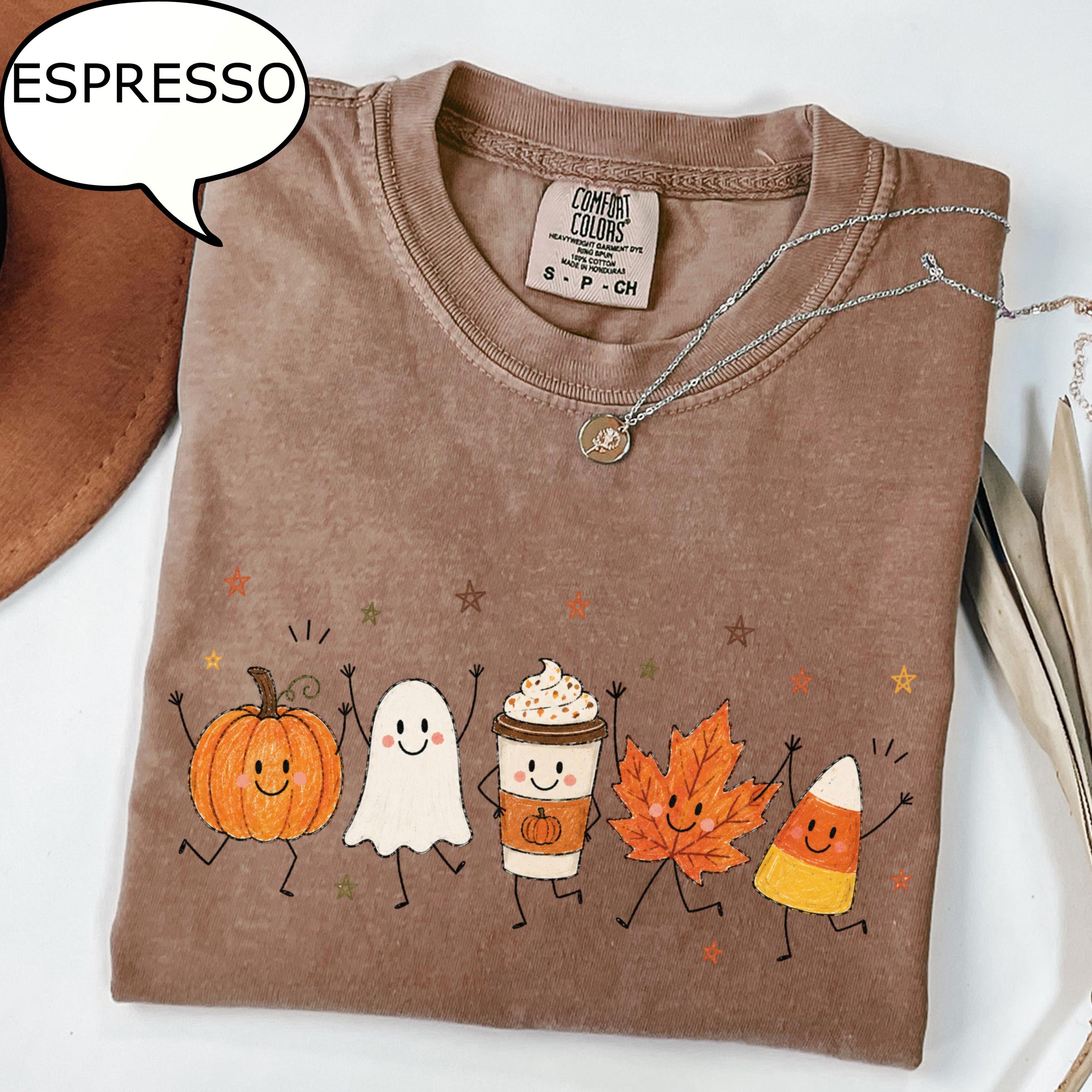 Cute Autumn T Shirt Pumpkin Season Shirt Ghost Coffee Graphic Tee Cozy Fall Shirt 2