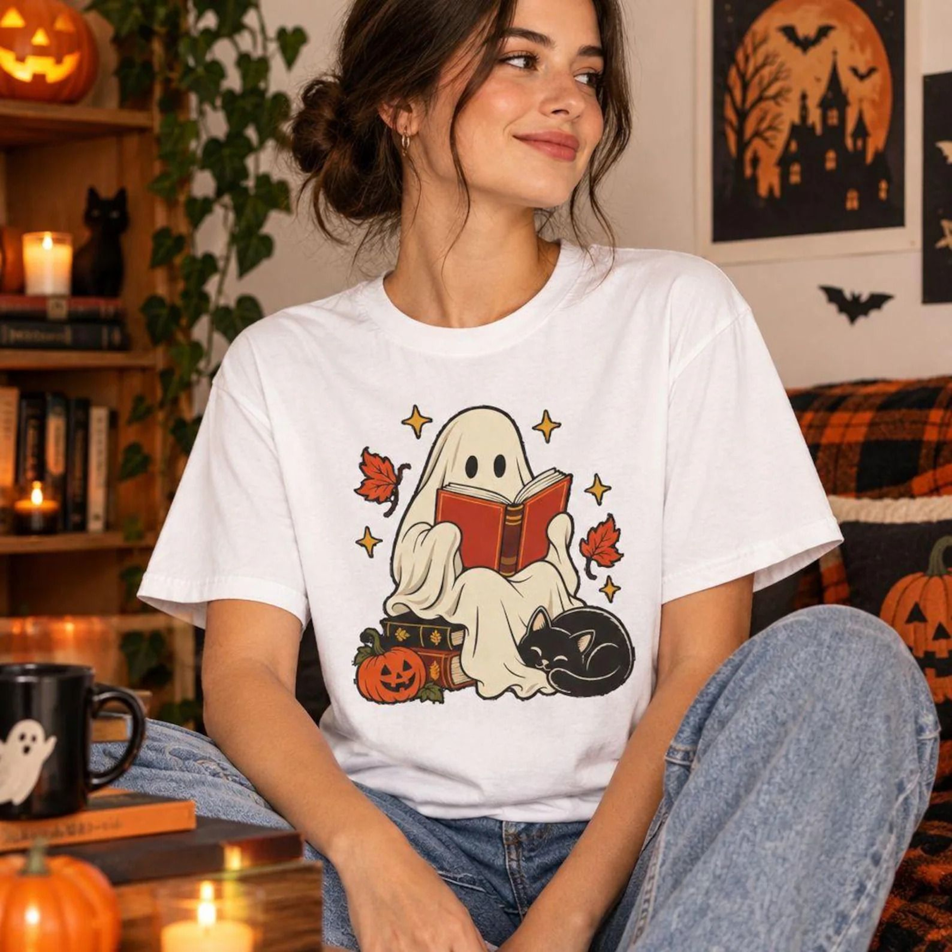 Ghost Reading Book TShirt Halloween Ghost Shirt Book Lover Gift Teacher Halloween Shirt Cute Ghost  3