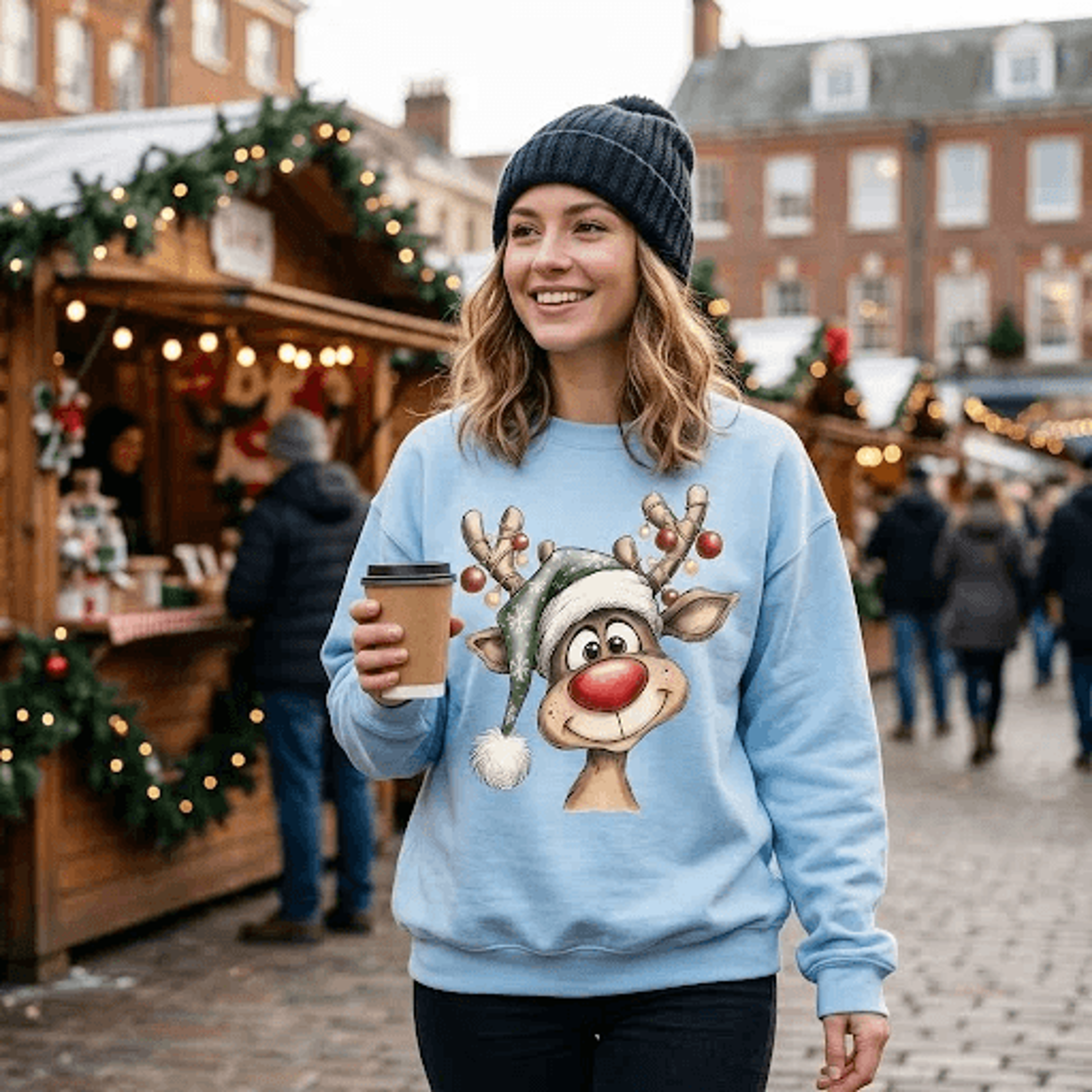 Cute Christmas Reindeer Sweatshirt Funny Rudolph Face Graphic Crewneck Festive Holiday Reindeer Swe 0