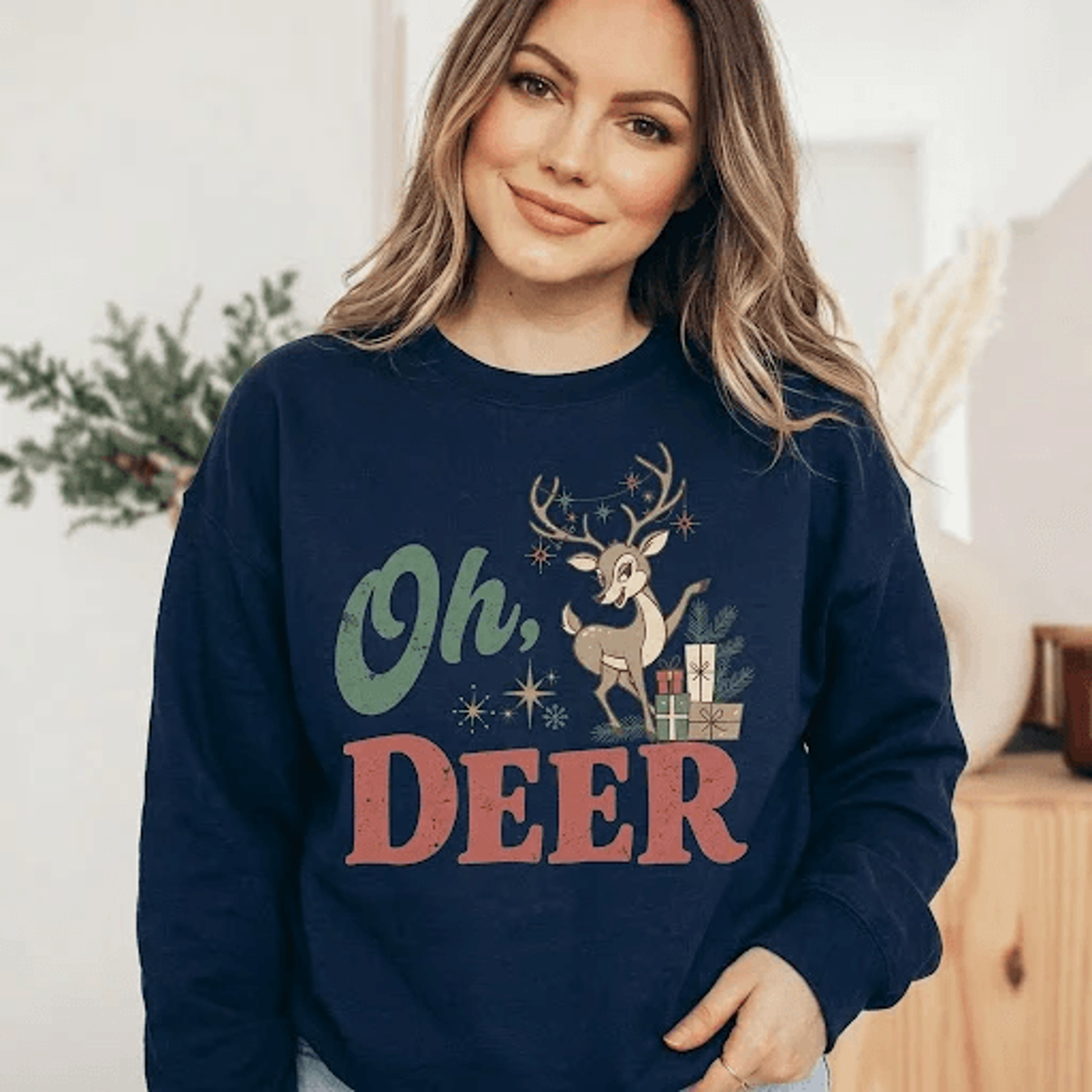 Oh Deer Christmas Sweatshirt Cute Reindeer With Gifts Retro Holiday Graphic Funny Festive Deer Gift 1