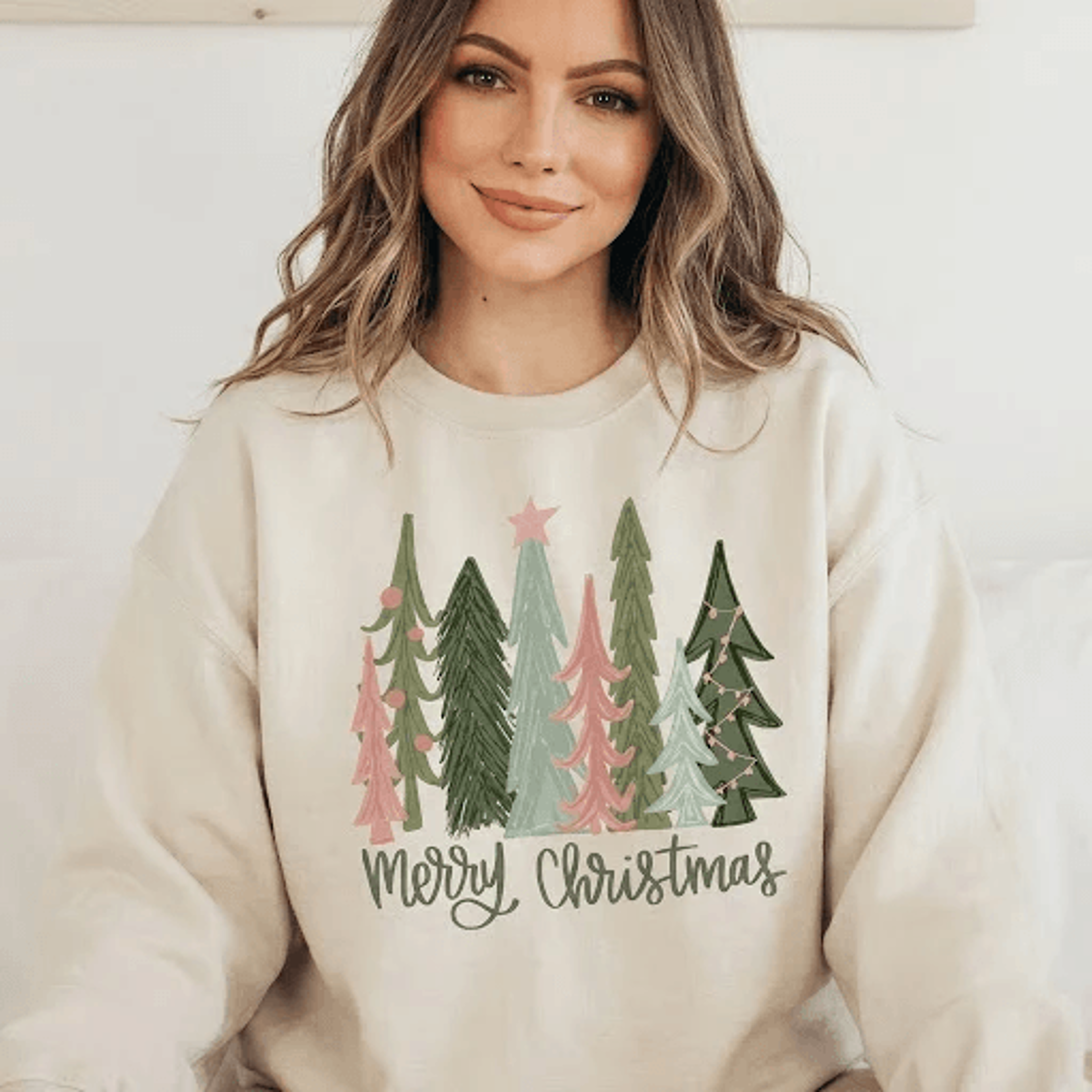Merry Christmas Tree Sweatshirt Retro Pastel Christmas Trees Graphic Vintage Holiday Crewneck Unise 0