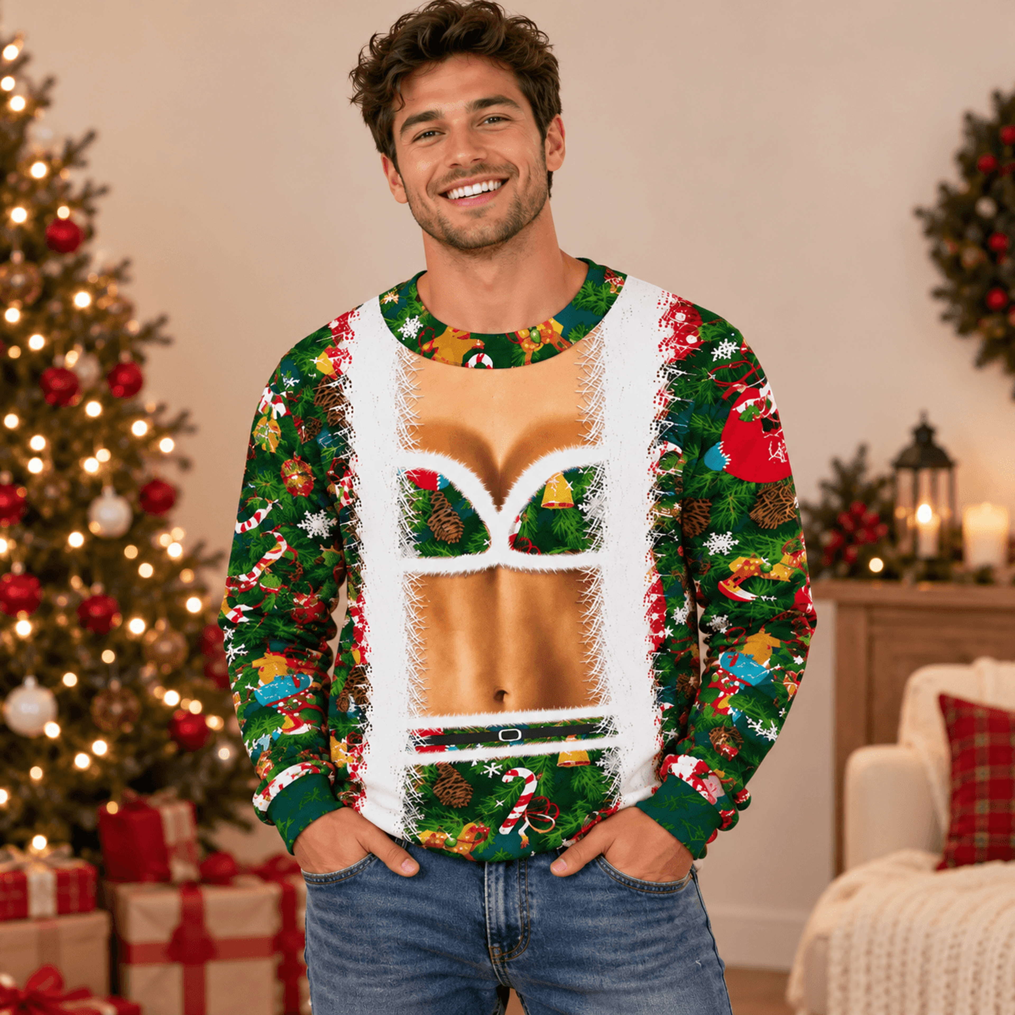 Funny Christmas Faux Cleavage Sweatshirt Sexy Holiday Costume Illusion Print Adult Unisex Ugly Chri 0