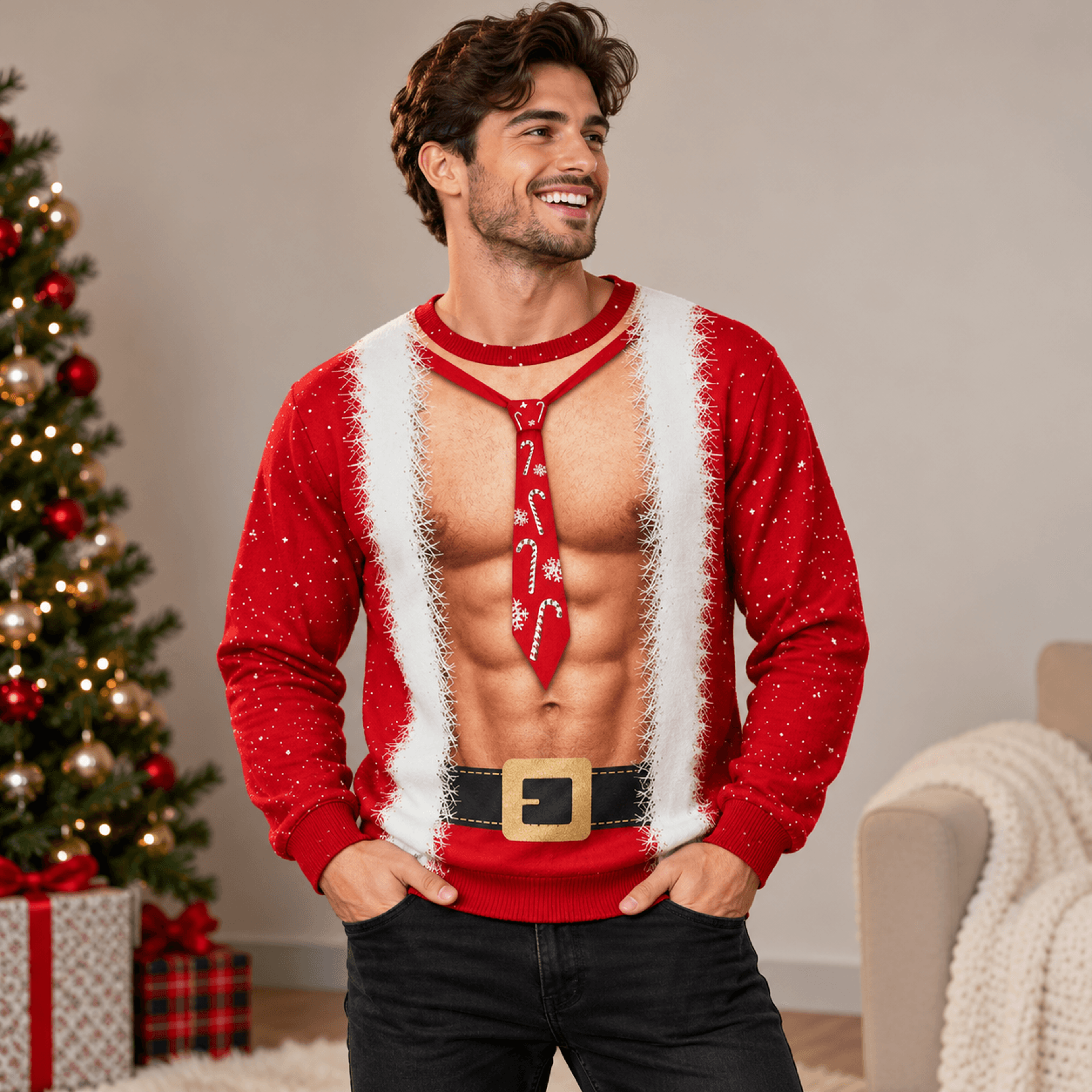 Funny Santa Abs Christmas Sweatshirt Sexy Santa Tie Illusion Print Adult Unisex Ugly Christmas Part 0