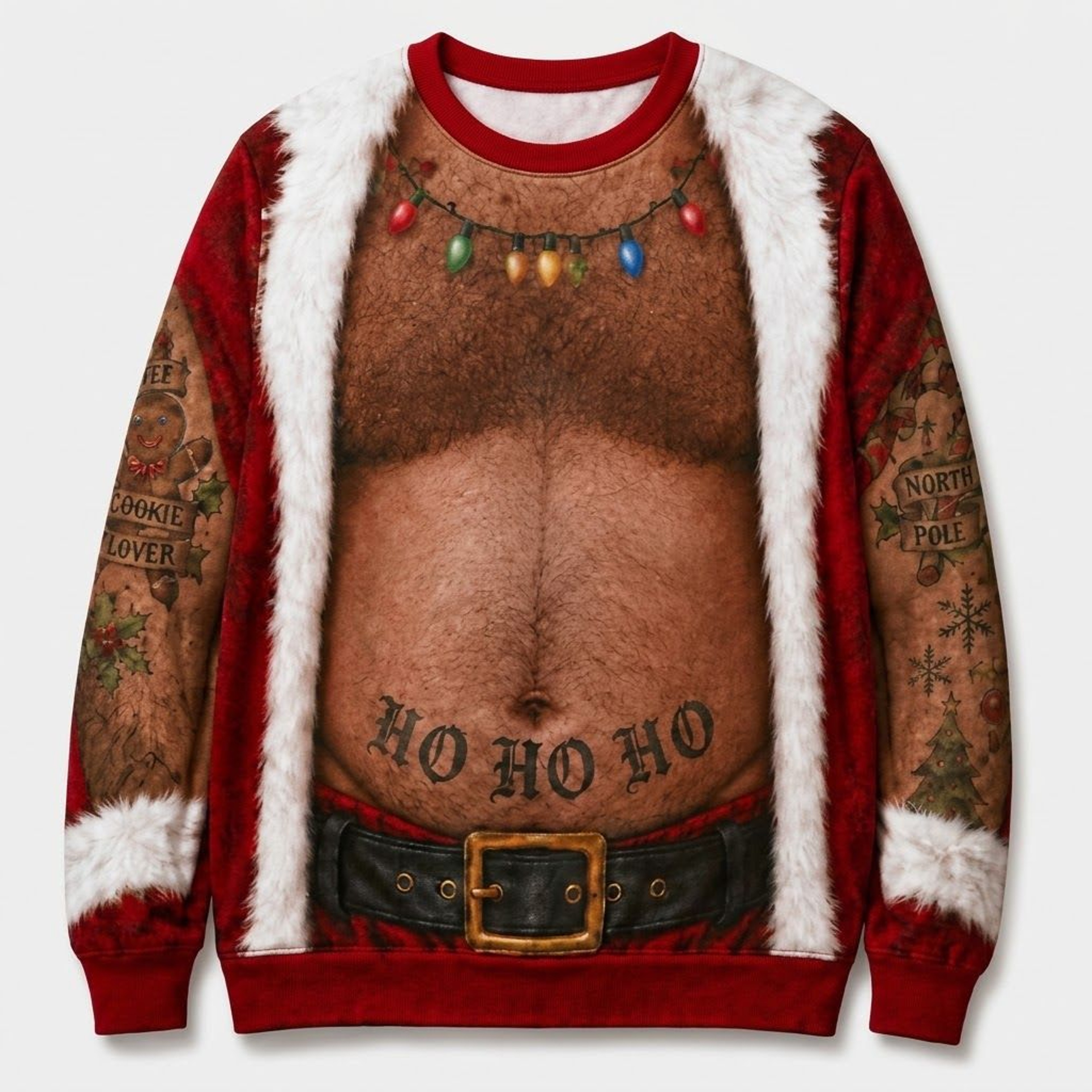 Funny Santa Belly Christmas Sweatshirt Ho Ho Ho Tattoo Dad Bod Illusion Adult Unisex Ugly Christmas 0