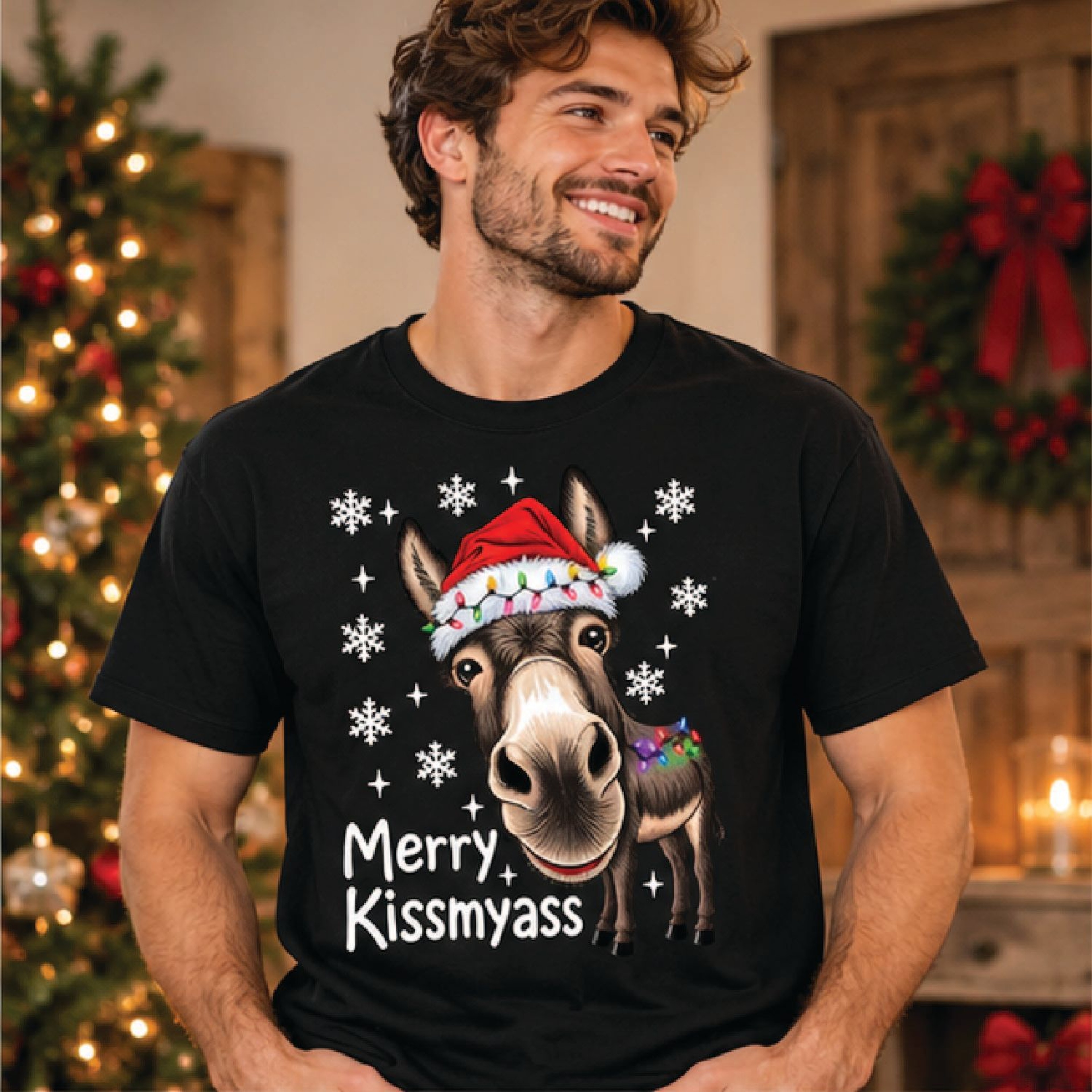 Funny Merry Kissmyass Donkey Christmas Sweatshirt Cute Santa Hat Donkey Graphic Sarcastic Holiday G 3