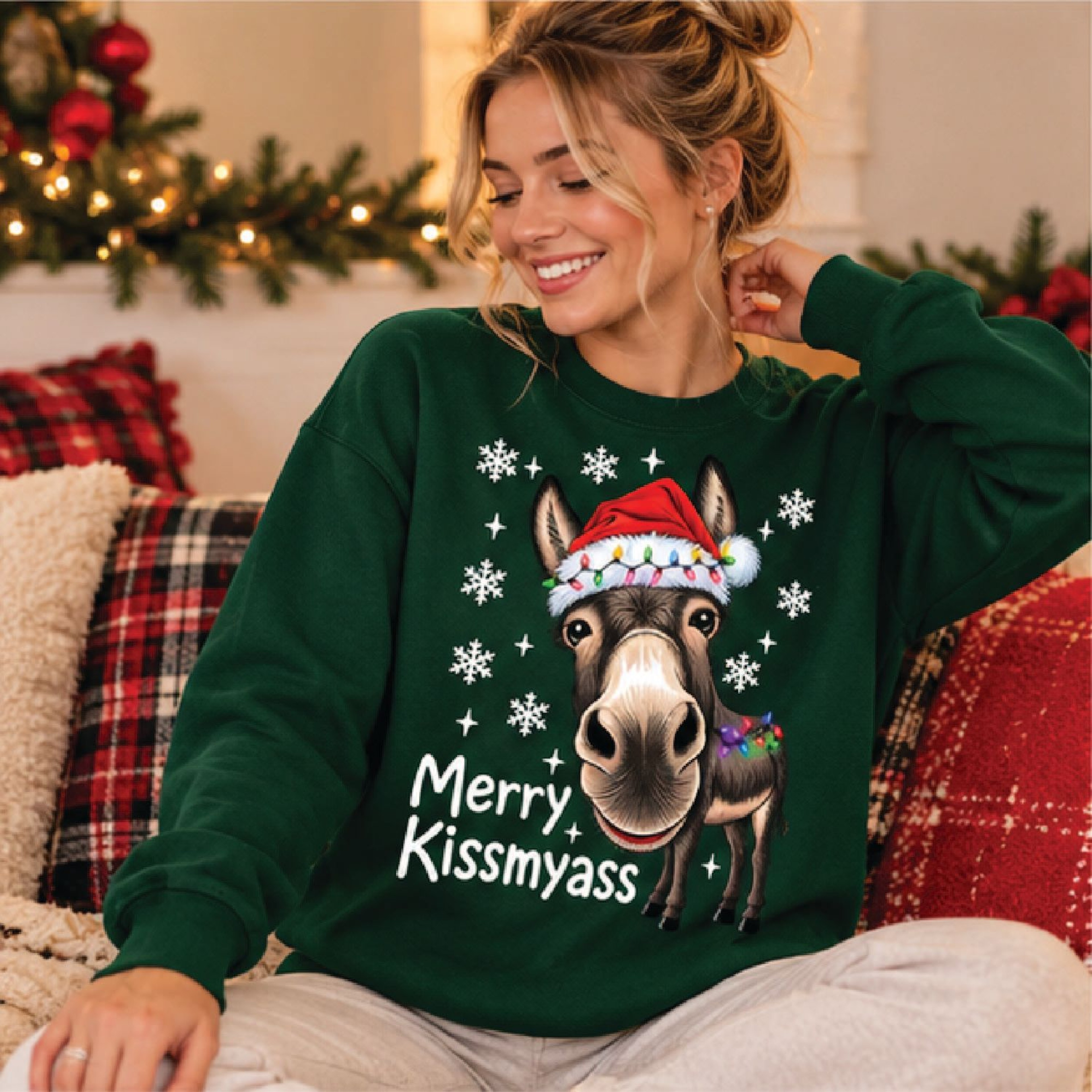 Funny Merry Kissmyass Donkey Christmas Sweatshirt Cute Santa Hat Donkey Graphic Sarcastic Holiday G 1