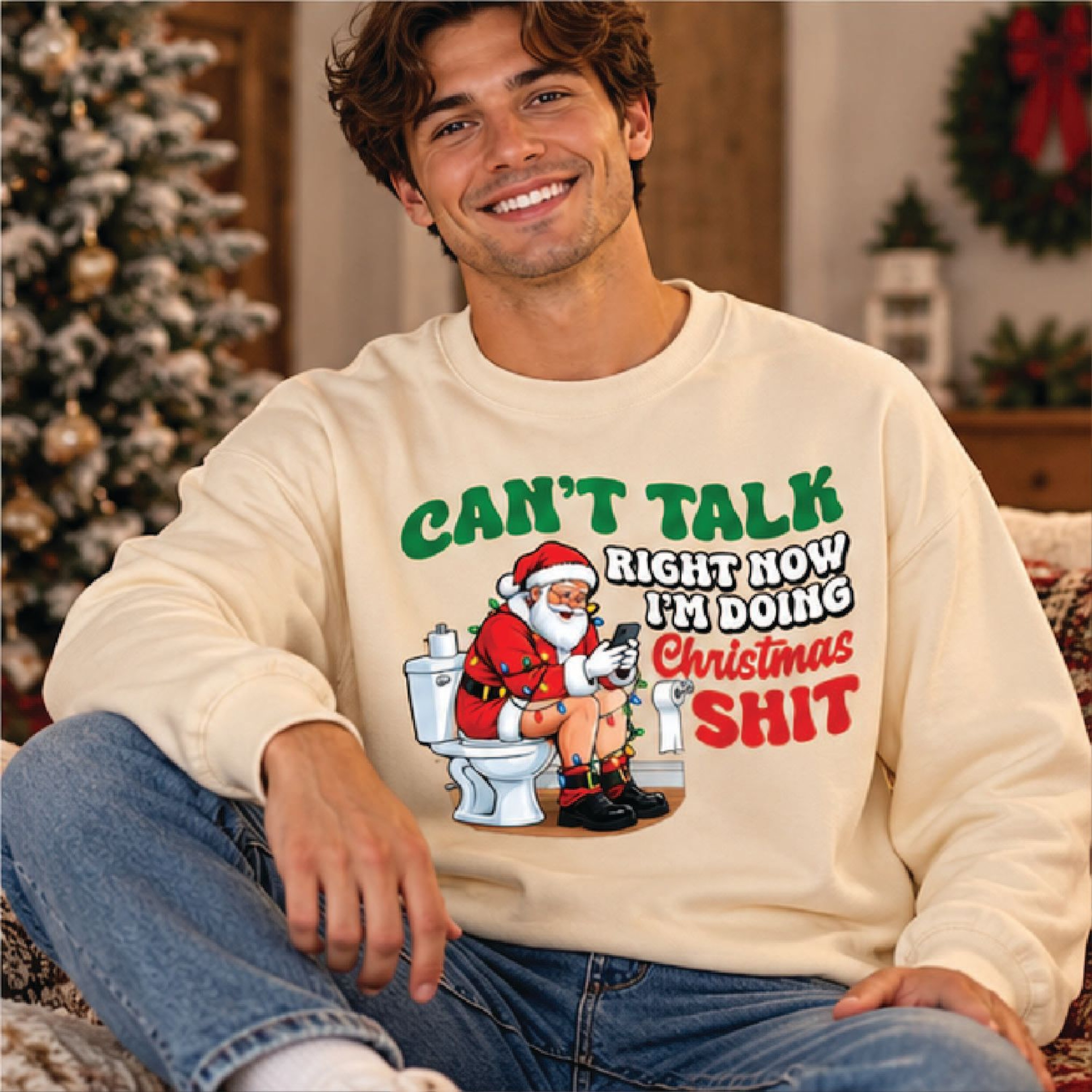 Funny Santa Christmas Sweatshirt Cant Talk Right Now Im Doing Christmas Shit Rude Holiday Humor Swe 0