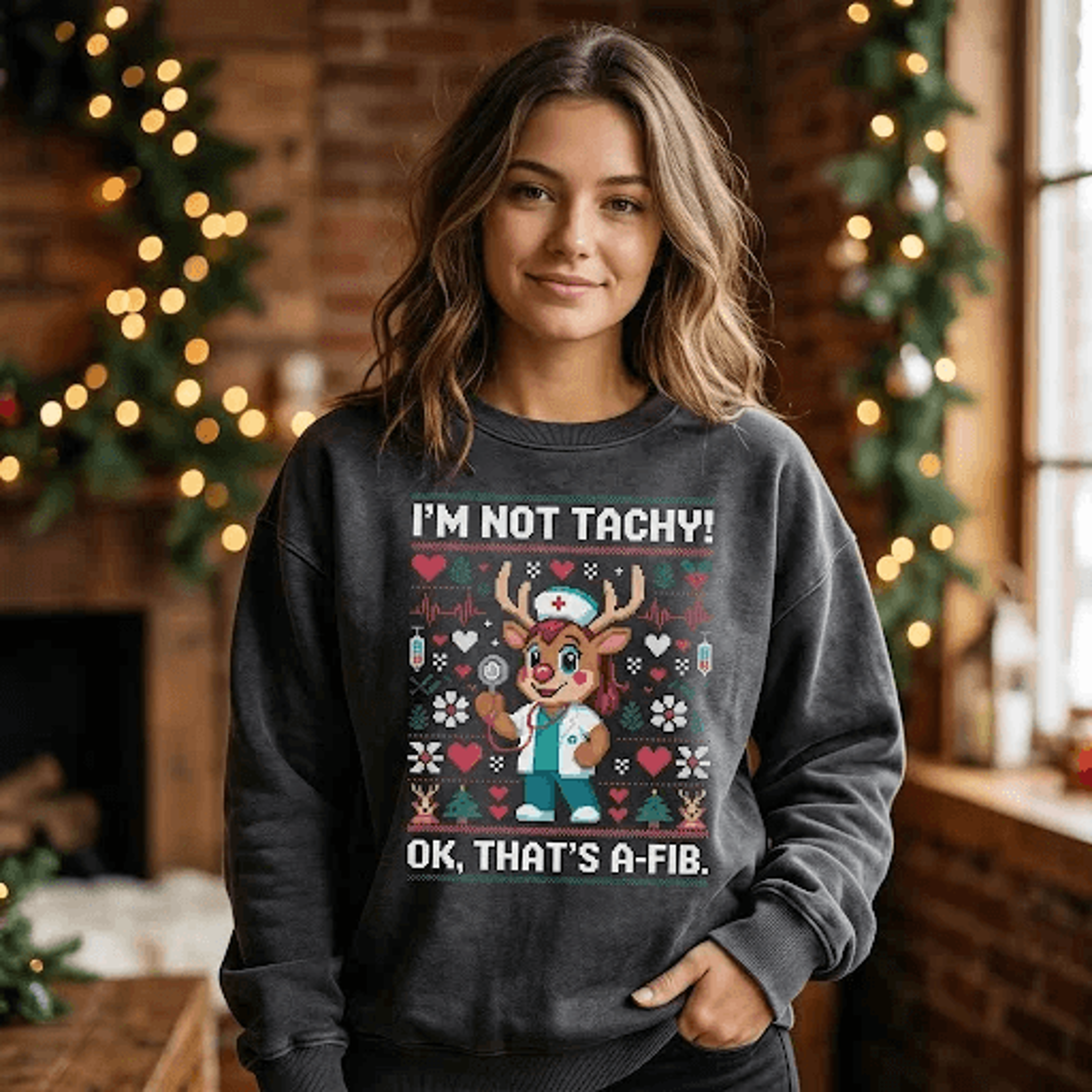 Im Not Tachy OK Thats AFib Christmas Sweatshirt Funny Cardiac Nurse Reindeer Holiday Gift Unisex Me 1