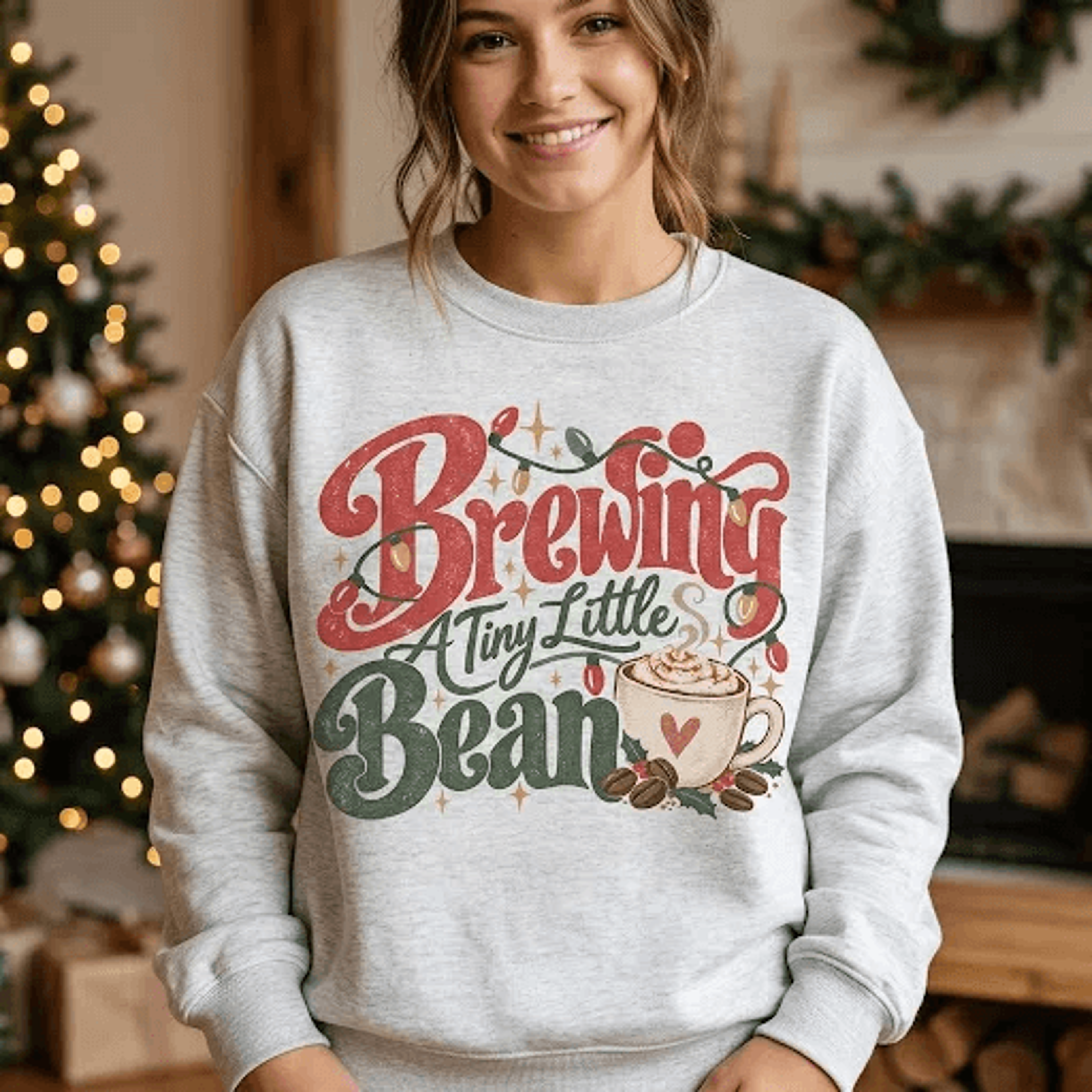 Brewing A Tiny Little Bean Christmas Sweatshirt Cute Pregnancy Announcement Retro Coffee Mom To Be  0