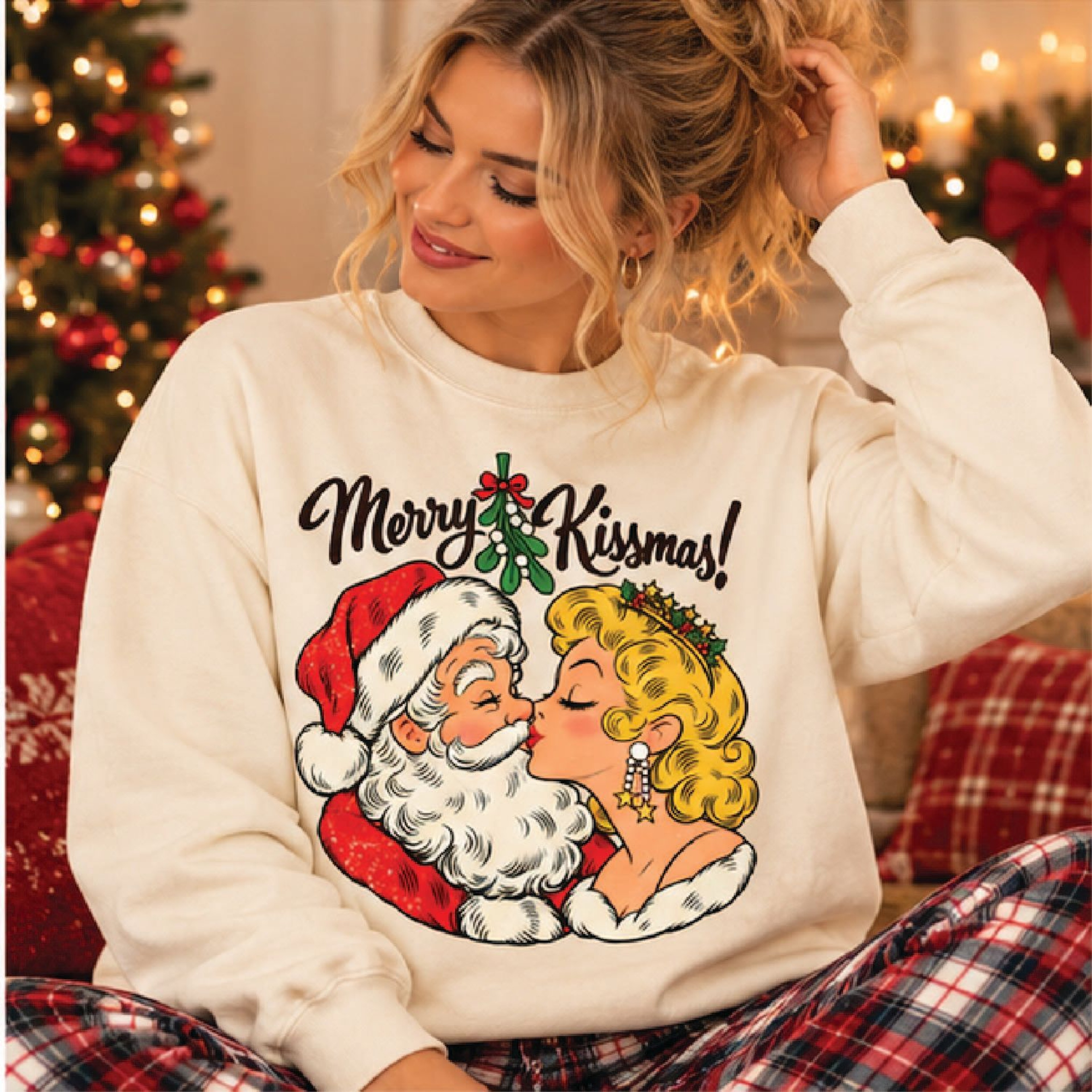 Merry Kissmas Christmas Sweatshirt Vintage Santa Kissing Pinup Girl Retro Mistletoe Holiday Graphic 0