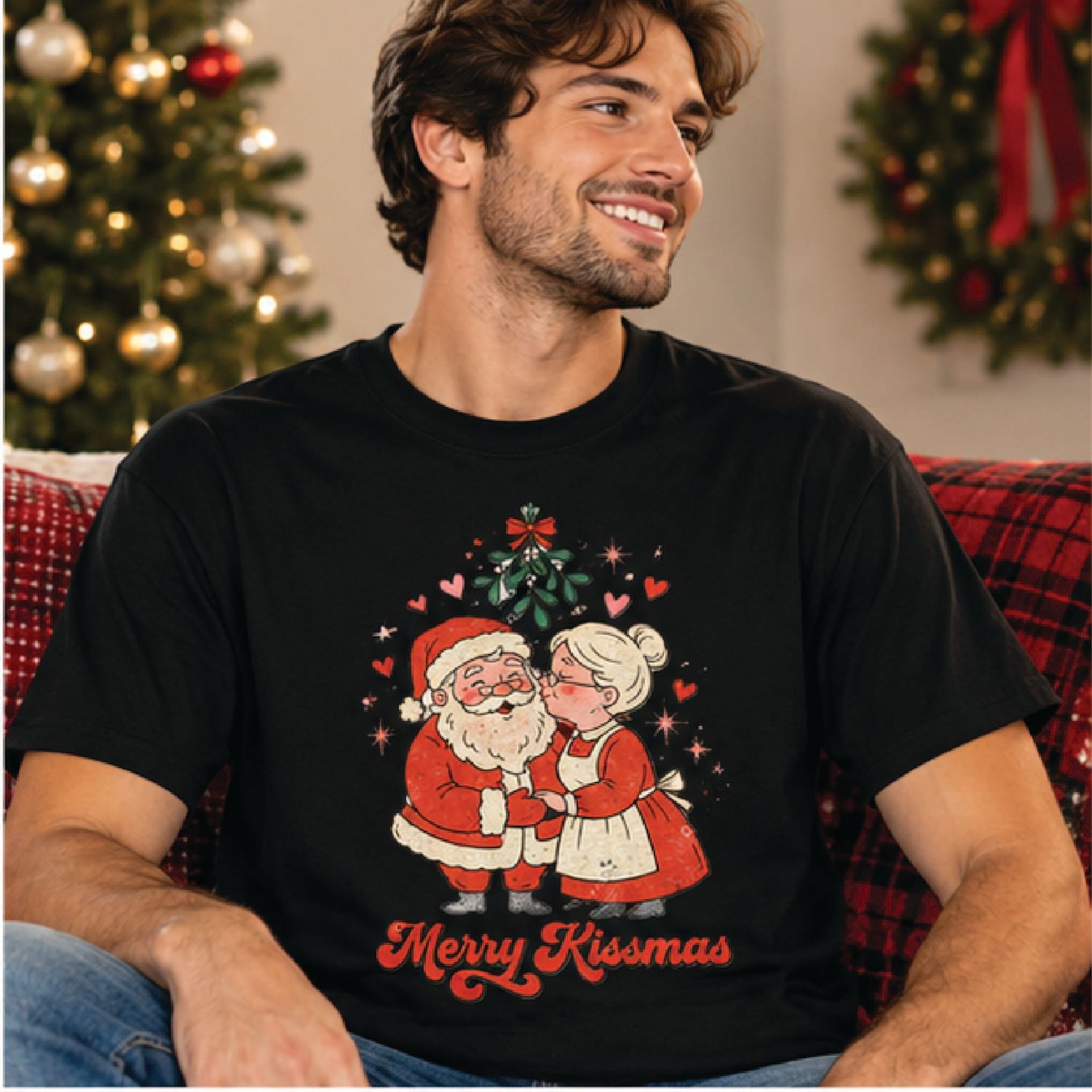 Merry Kissmas Christmas Sweatshirt Vintage Santa And Mrs Claus Kissing Cute Mistletoe Holiday Sweat 2