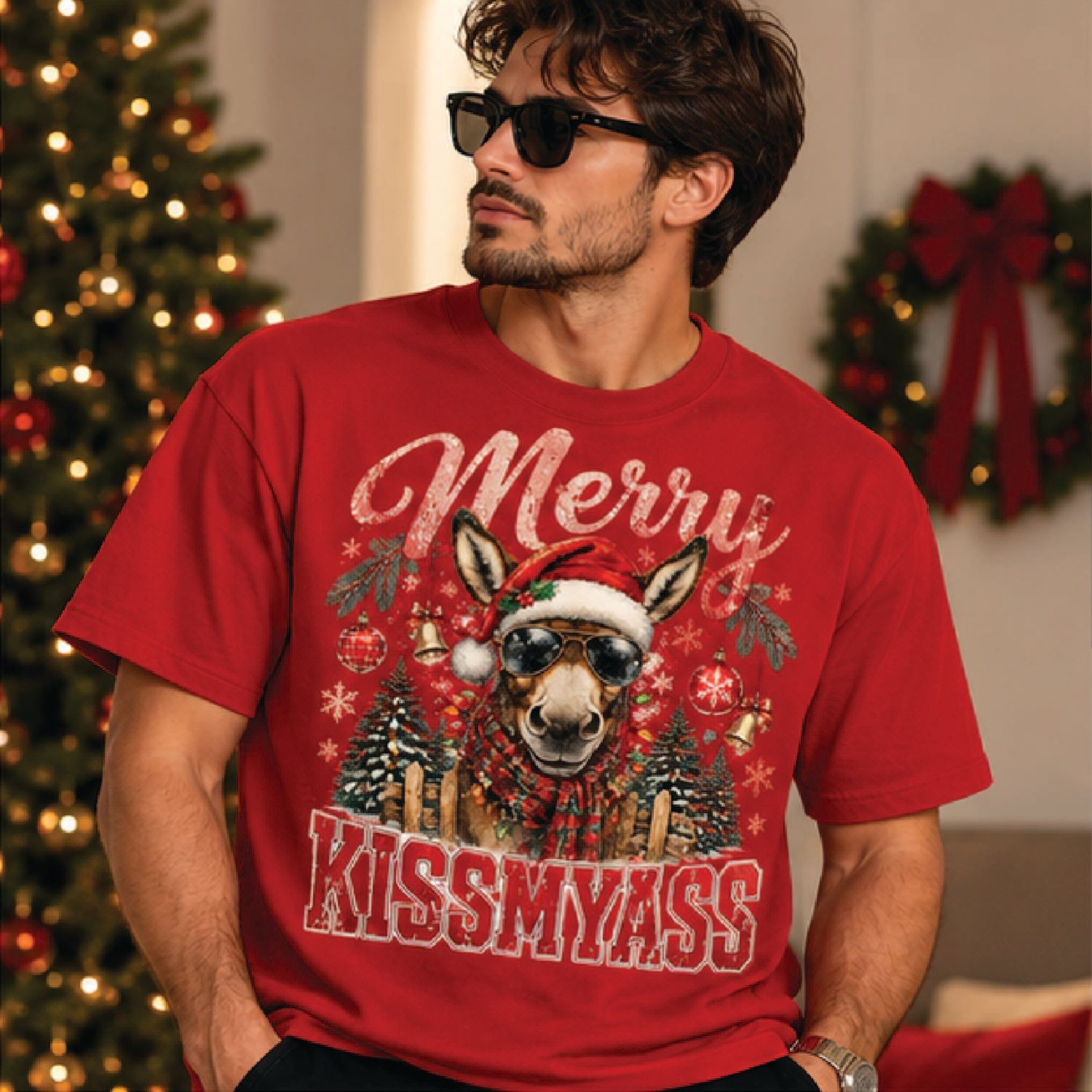 Merry Kissmyass Christmas Sweatshirt Funny Donkey Holiday Graphic Retro Santa Hat Xmas Sweatshirt U 2