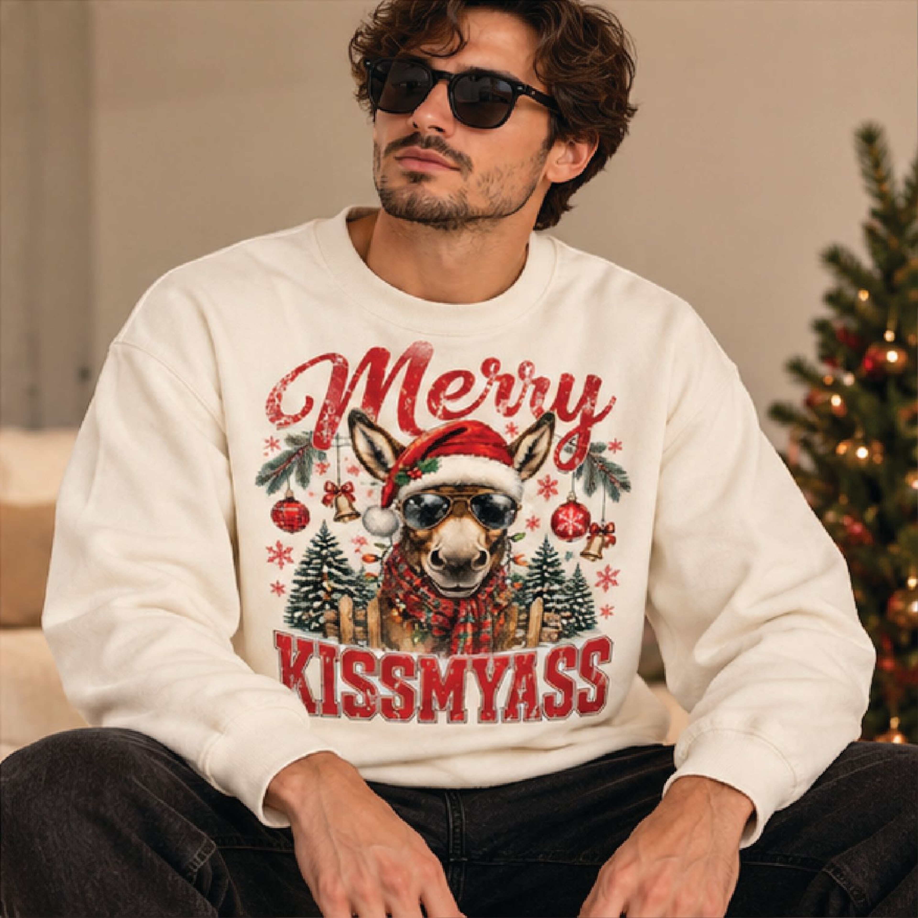 Merry Kissmyass Christmas Sweatshirt Funny Donkey Holiday Graphic Retro Santa Hat Xmas Sweatshirt U 0
