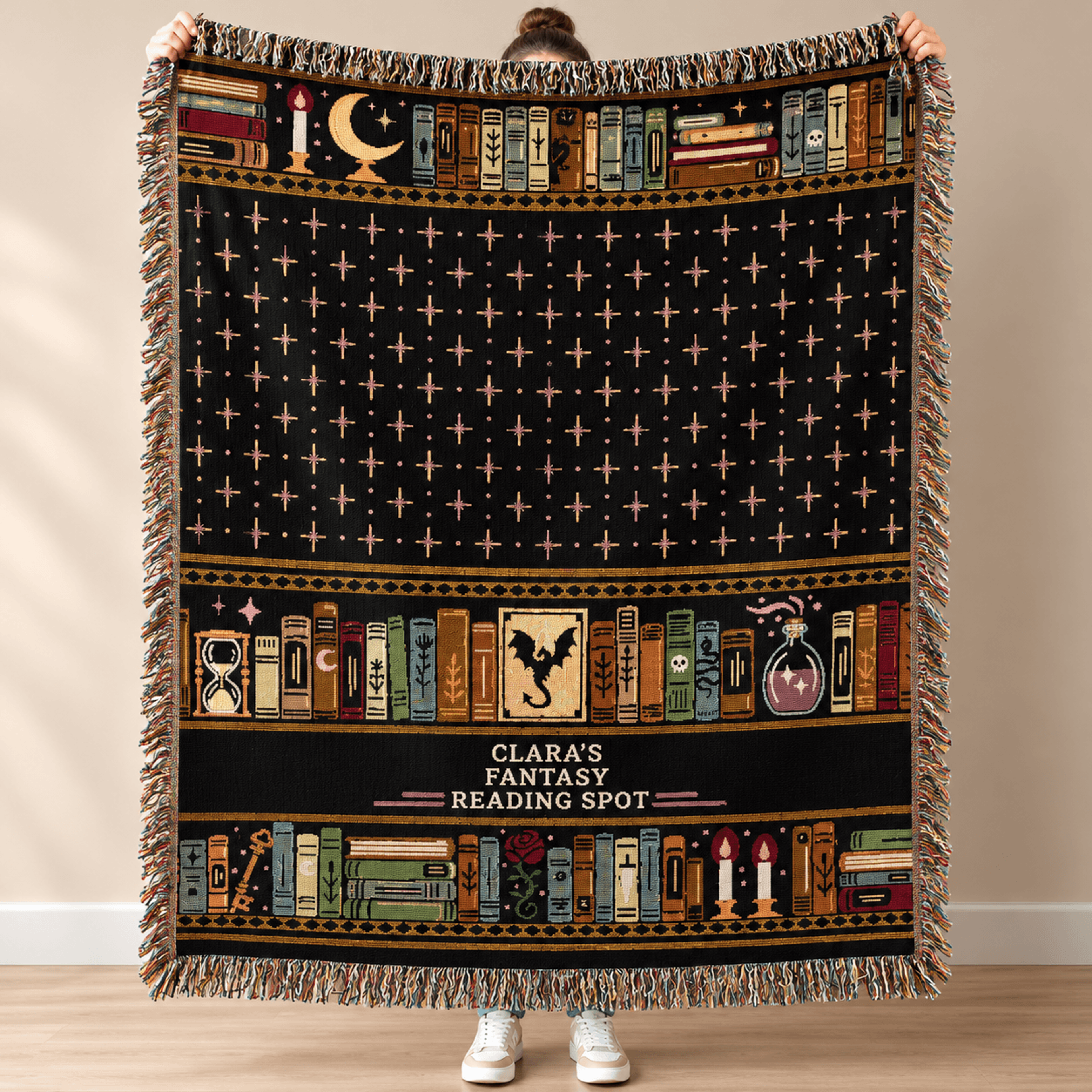 Personalized Fantasy Bookshelf Woven Blanket Custom Name Reading Throw Dark Academia Book Lover Gif 0