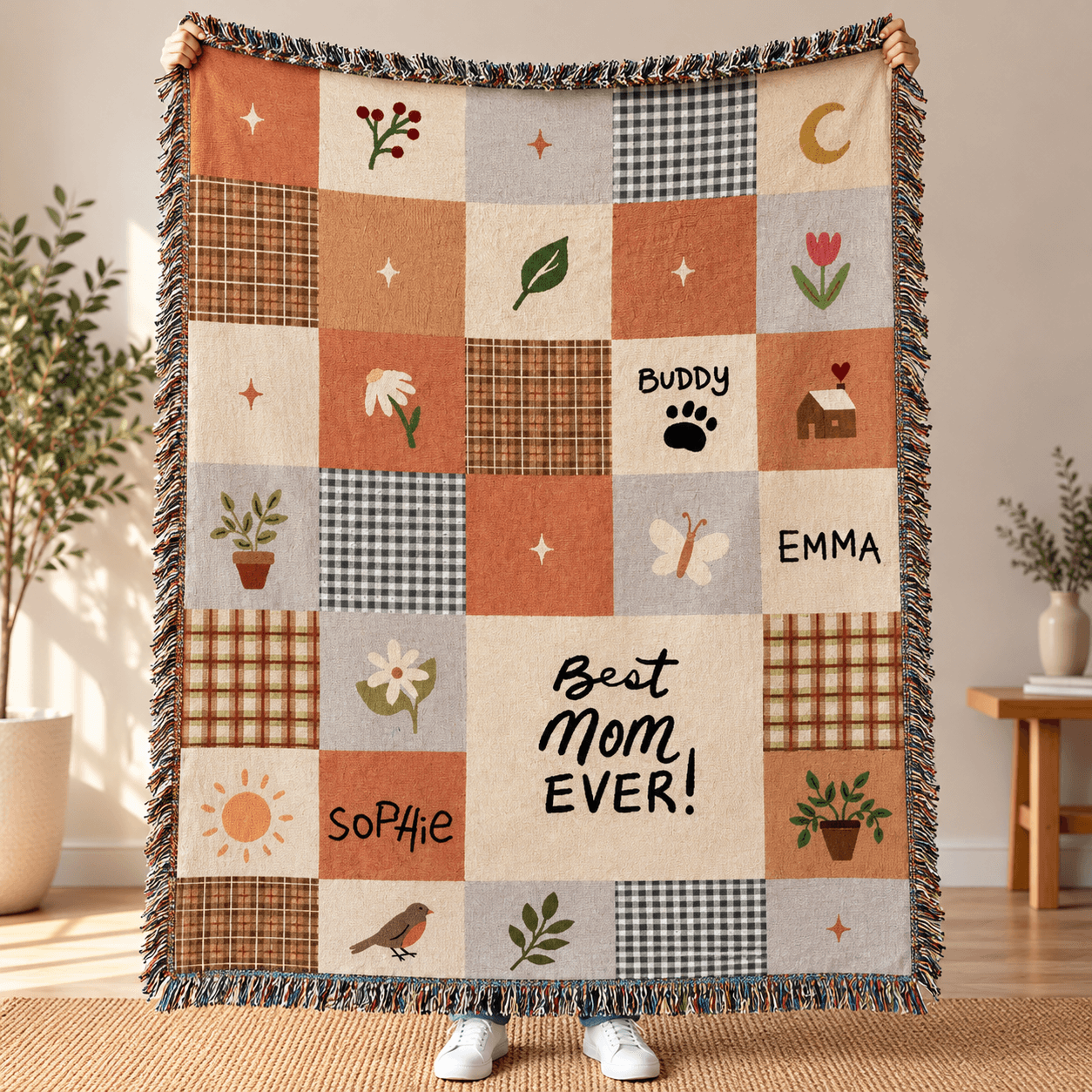 Personalized Best Mom Ever Woven Blanket Custom Kids Names Patchwork Throw Mothers Day Gift Floral  0