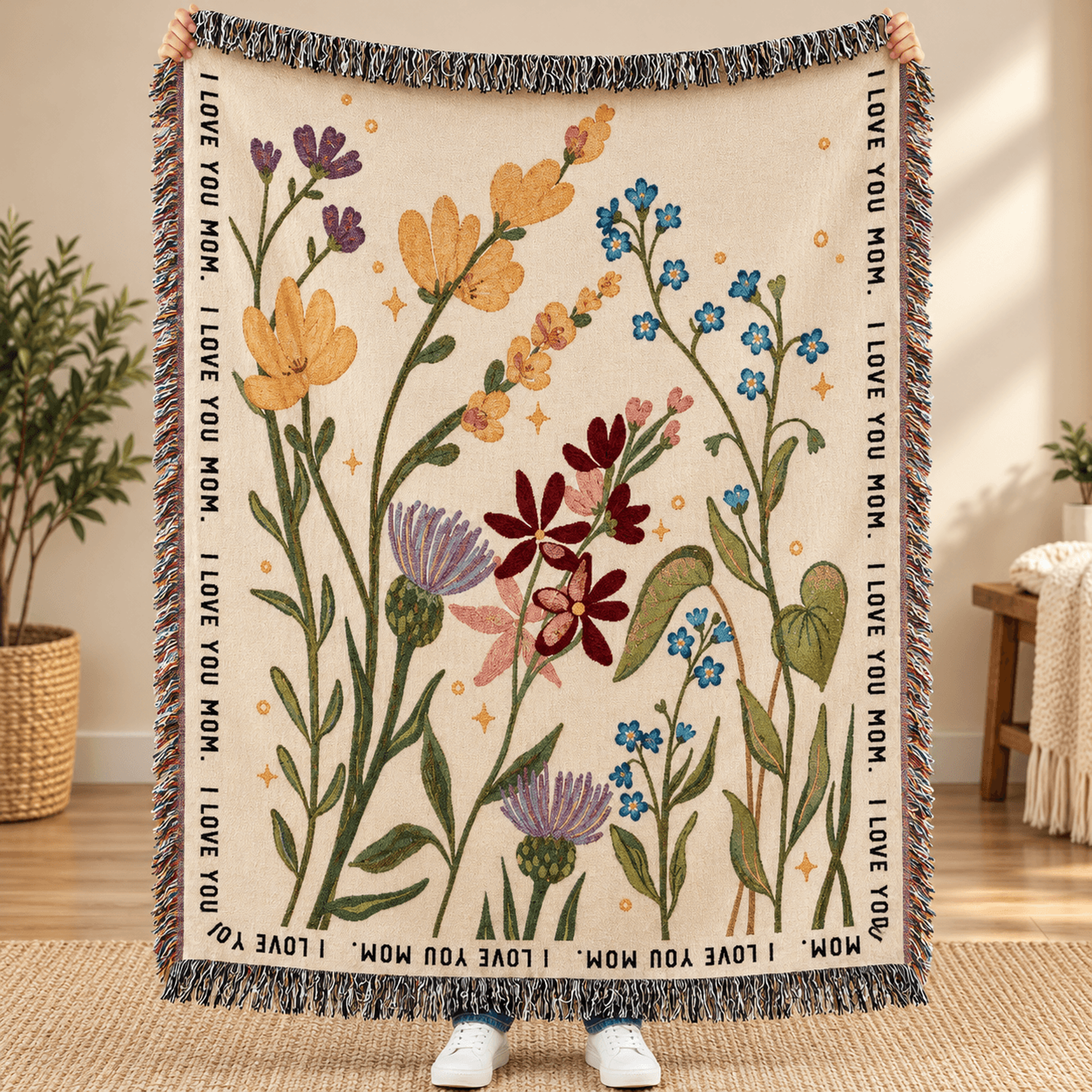 I Love You Mom Floral Woven Blanket Wildflower Throw Blanket Sentimental Mothers Day Gift Botanical 0