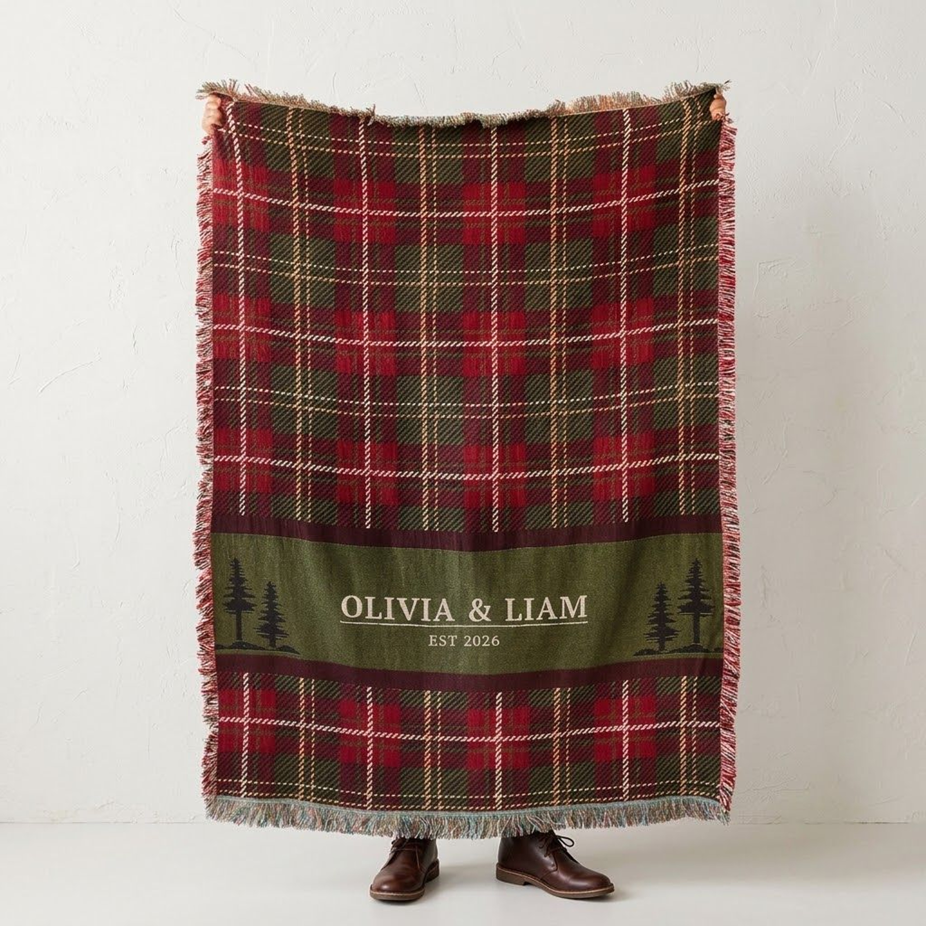Personalized Christmas Plaid Woven Blanket Custom Couple Name Tartan Throw Rustic Cabin Decor Anniv 0