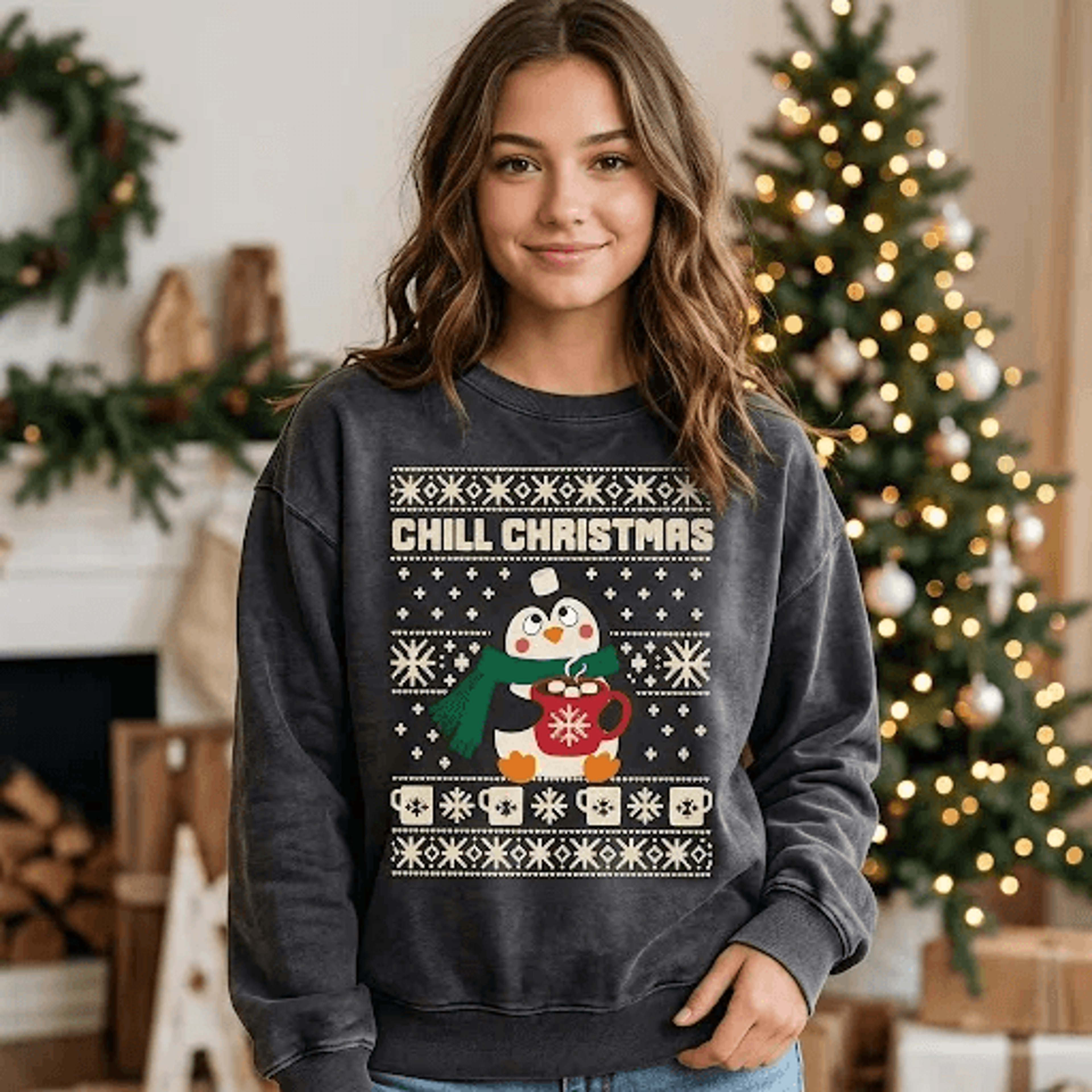 Chill Christmas Penguin Sweatshirt Cute Penguin Holiday Sweatshirt Funny Winter Graphic Cozy Christ 1