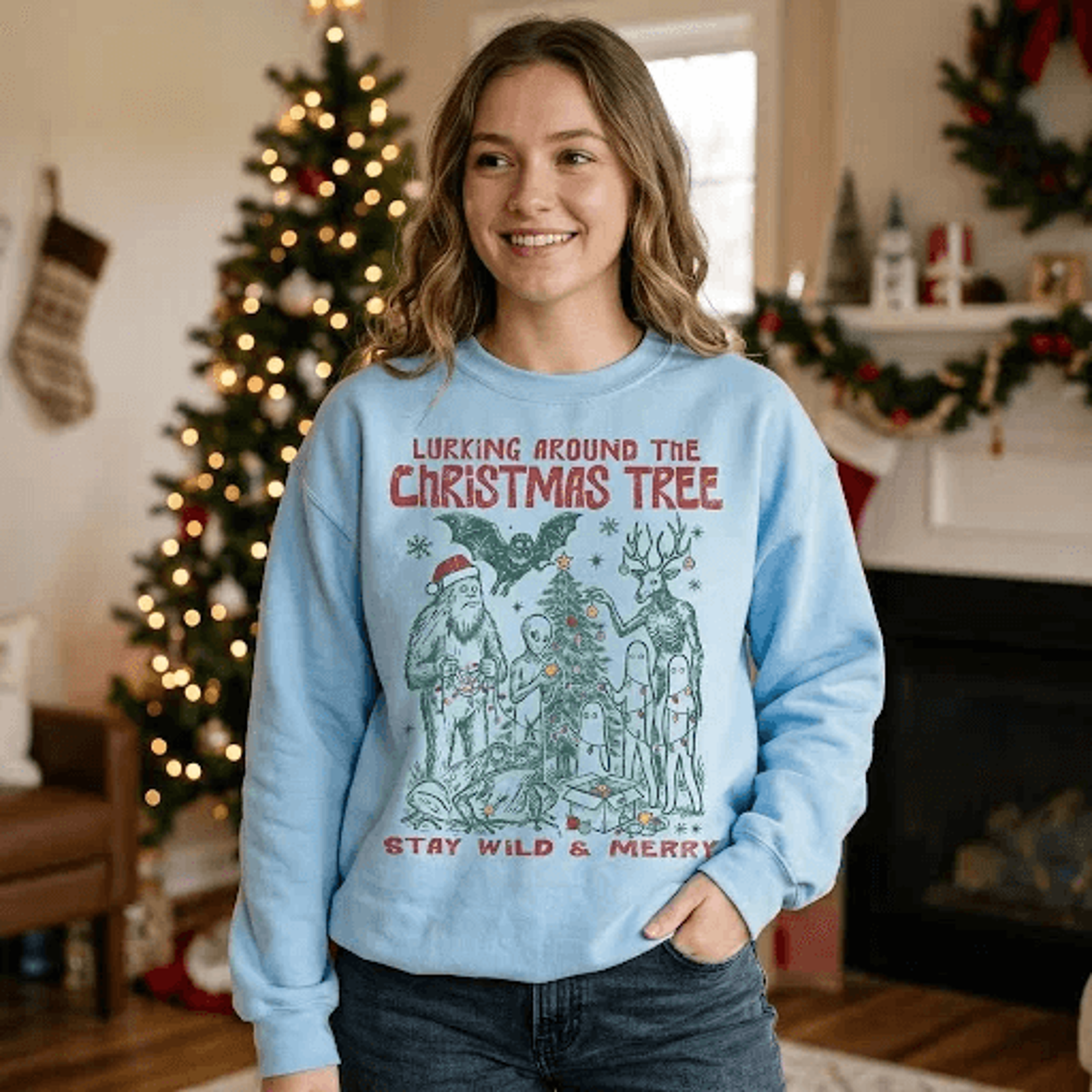 Lurking Around The Christmas Tree Sweatshirt Stay Wild And Merry Holiday Sweatshirt Vintage Woodlan 2