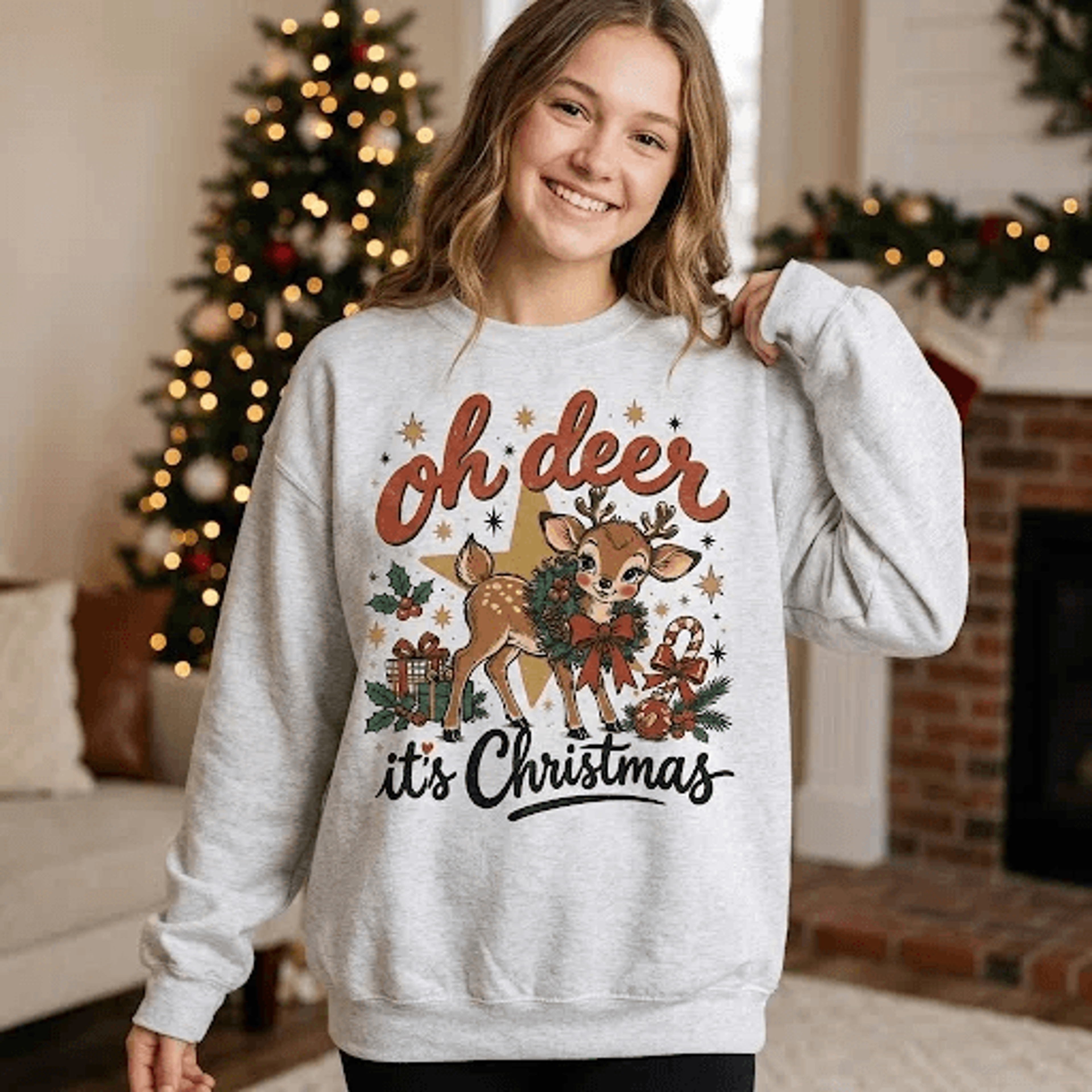 Oh Deer Its Christmas Sweatshirt Cute Reindeer Holiday Sweatshirt Retro Christmas Deer Graphic Unis 1