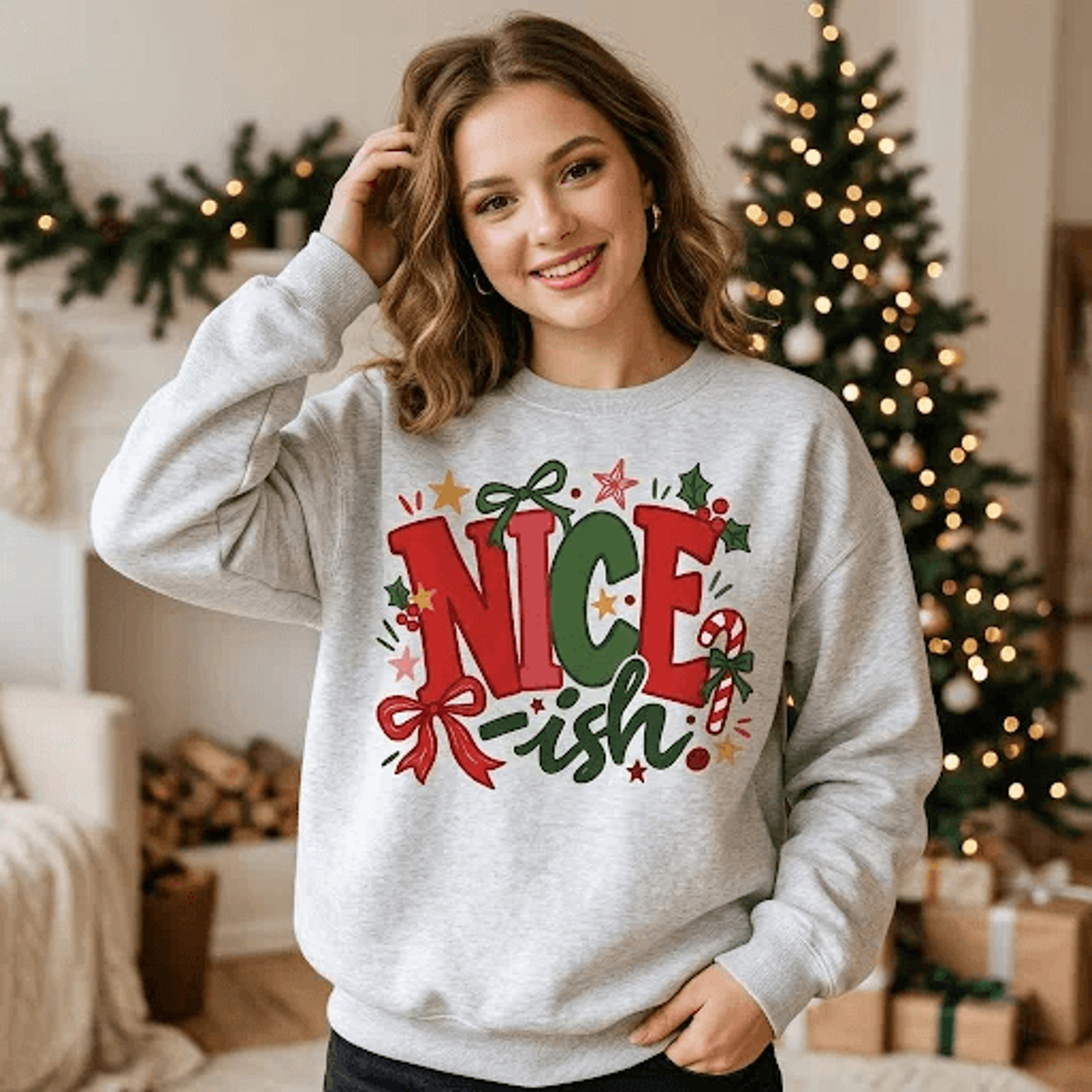 Niceish Christmas Sweatshirt Funny Naughty Or Nice Holiday Graphic Cute Festive Bow Design Unisex C 1