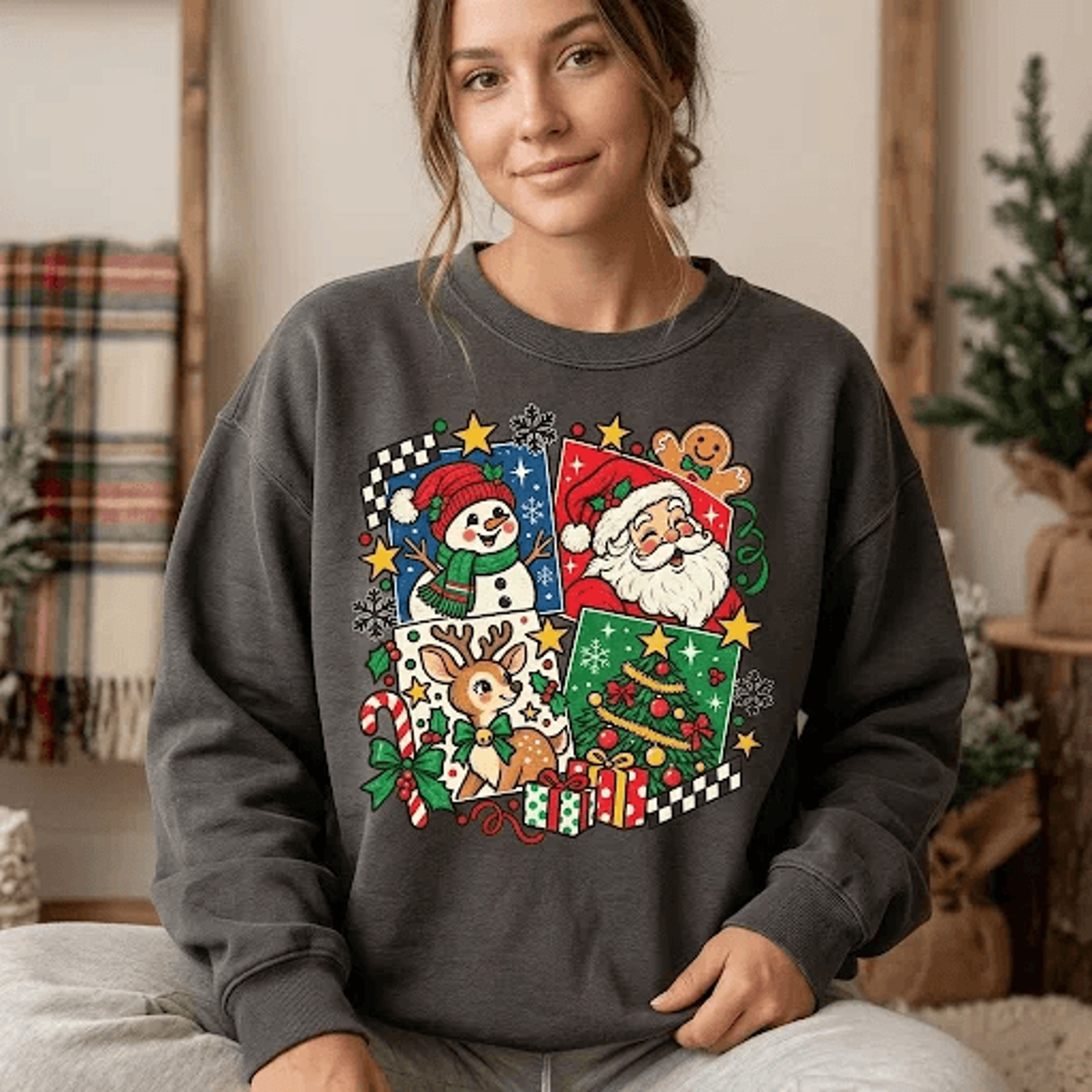 Retro Christmas Collage Sweatshirt Cute Santa Snowman Reindeer Holiday Graphic Vintage Festive Adul 3