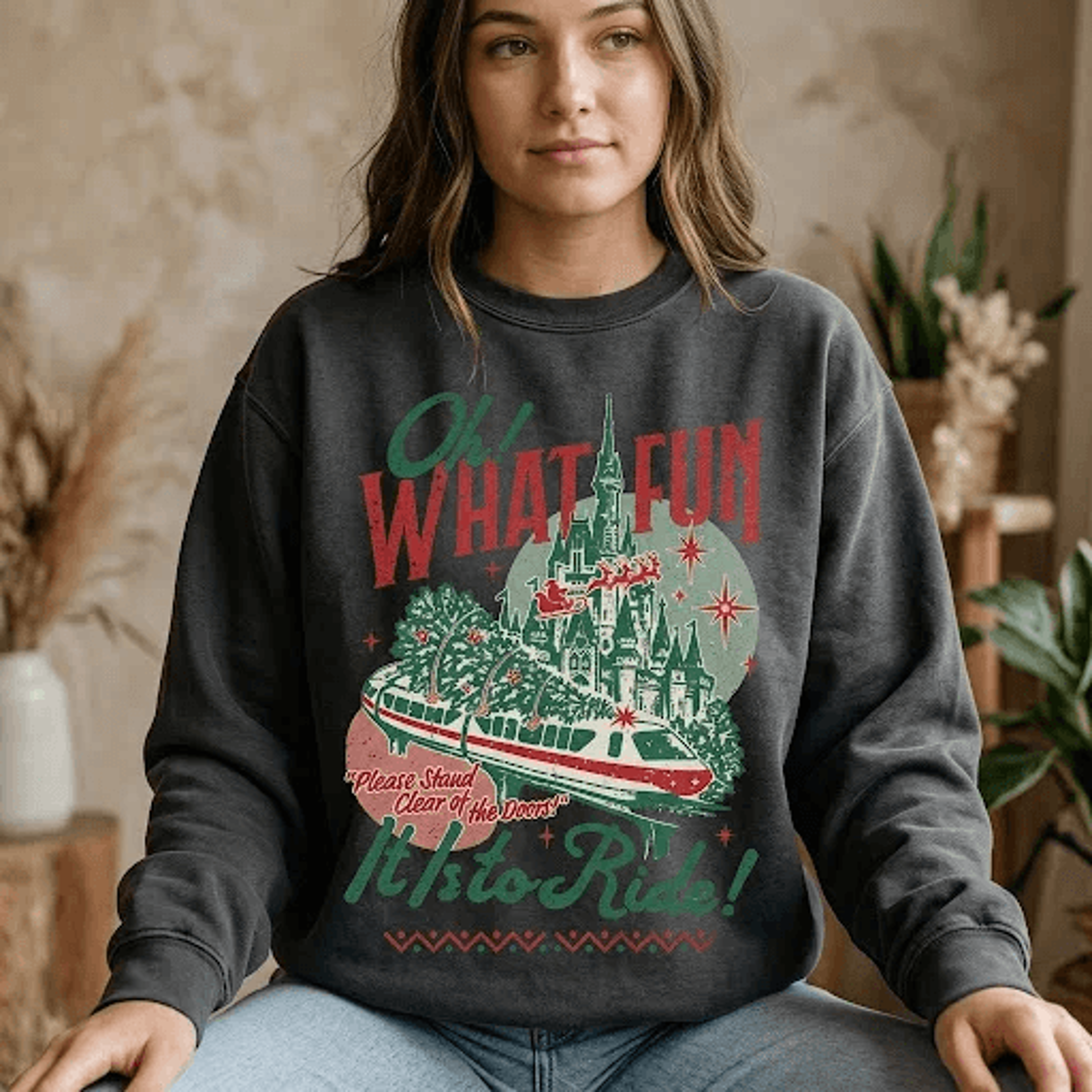 Oh What Fun It Is To Ride Christmas Sweatshirt Retro Holiday Theme Park Castle Graphic Vintage Fest 3
