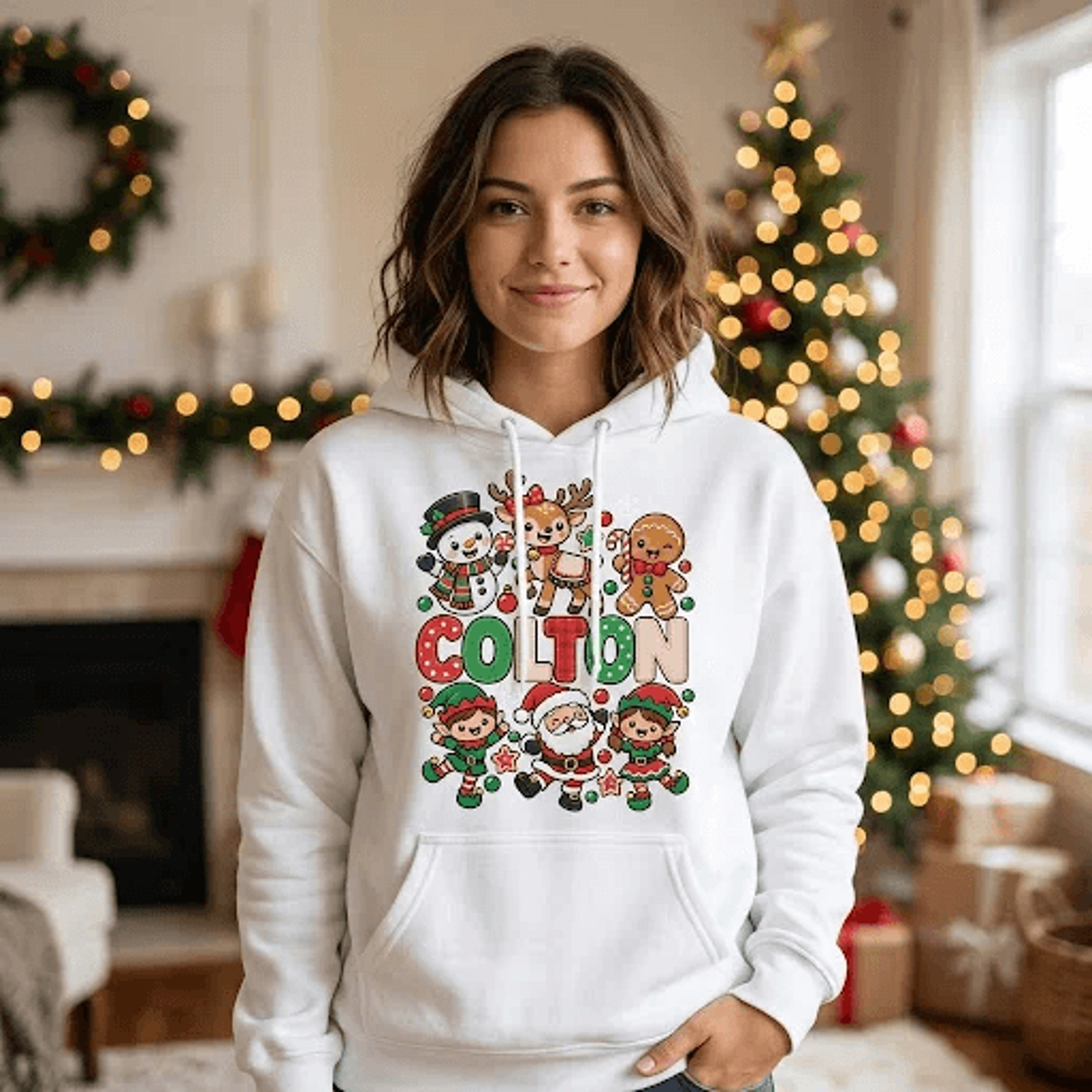 Personalized Christmas Name Hoodie Cute Holiday Characters Custom Name Hoodie Festive Santa Reindee 0