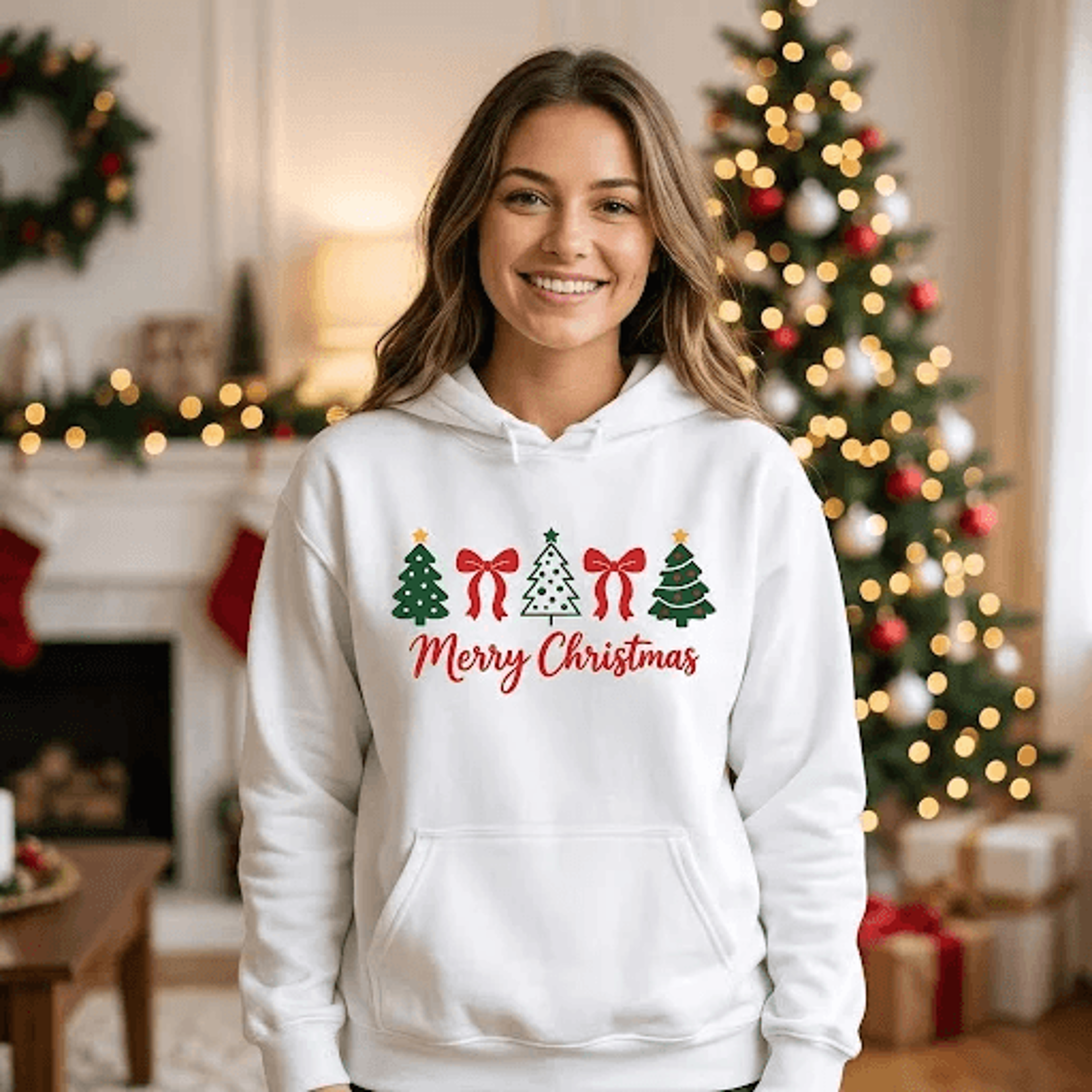 Merry Christmas Trees Hoodie Cute Holiday Bow Graphic Hoodie Festive Christmas Pullover Cozy Xmas G 2