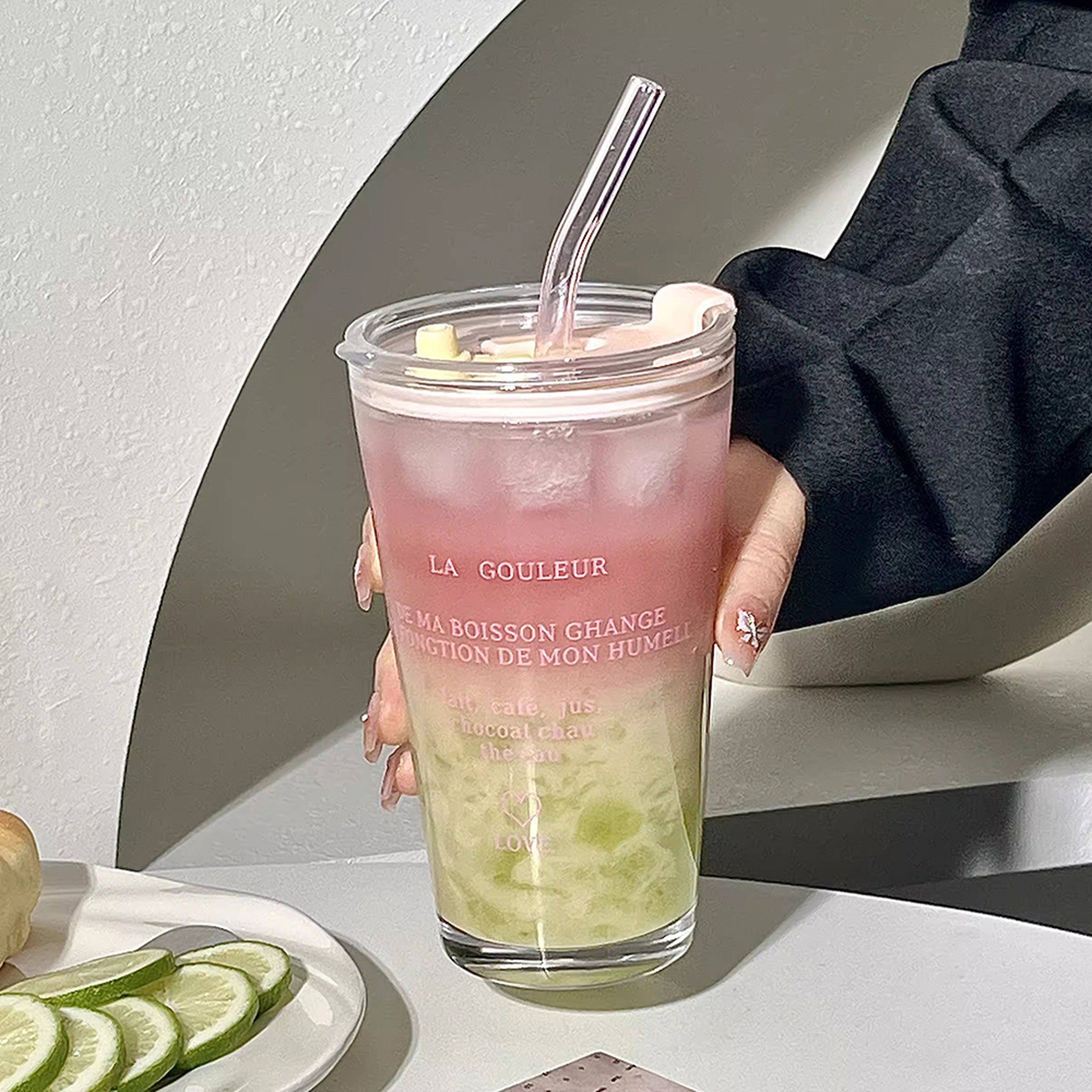 Cute Glass Tumbler With Straw And Lid Transparent Bubble Tea Cup Iced Coffee Juice Tea Glass Letter 7
