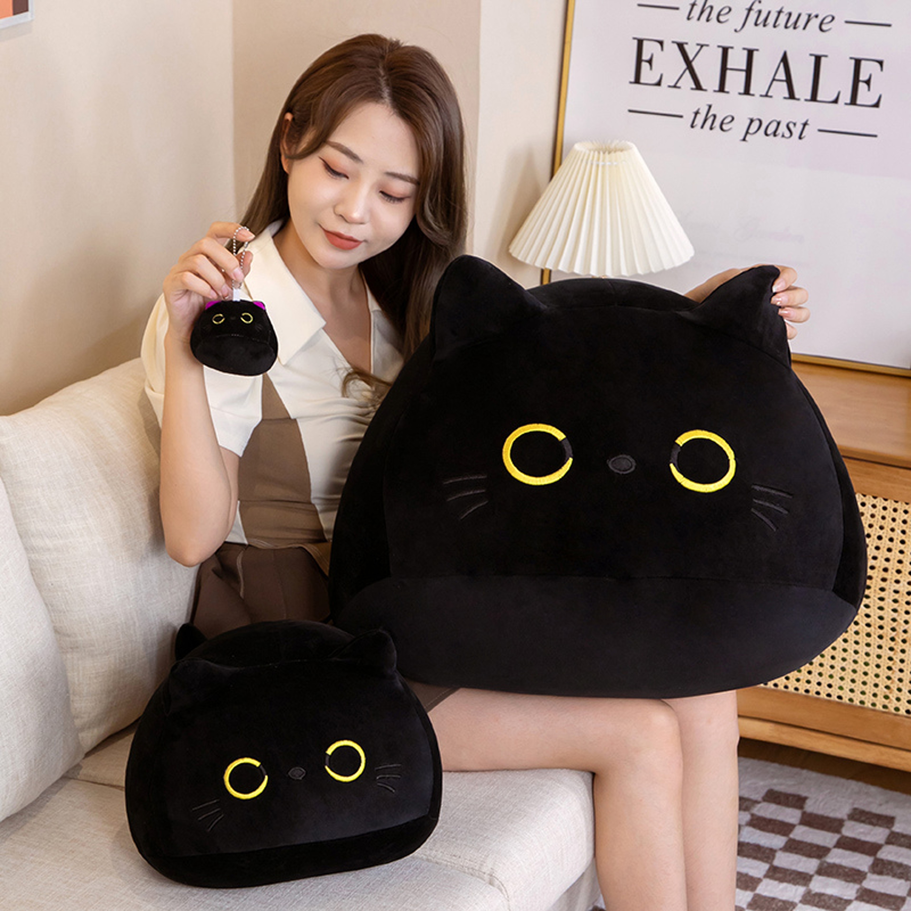 Small Cuddly Black Cat Plush Doll Stuffed Round Ball Cat Plushie Keychain Pendant Toy For Girls 3