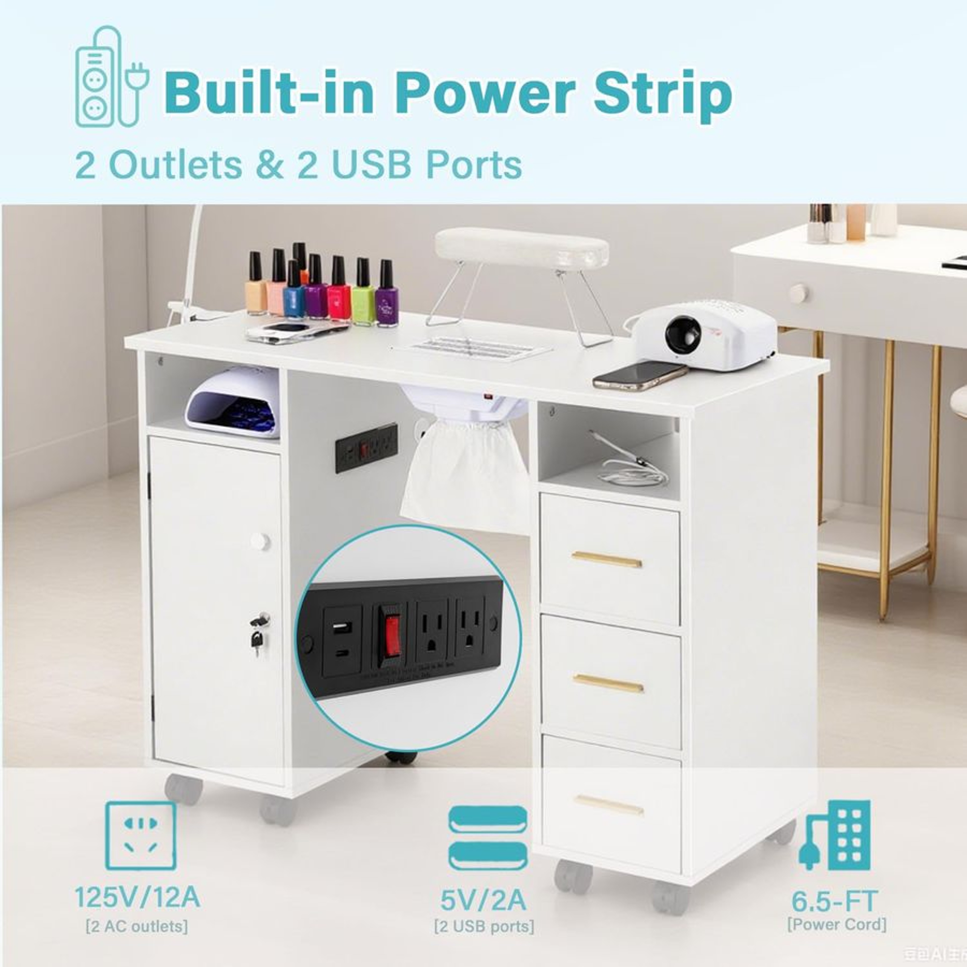 Nail Tech Table Desk With Charging Station Dust Collector LED Lamp NonWoven Drawers 2