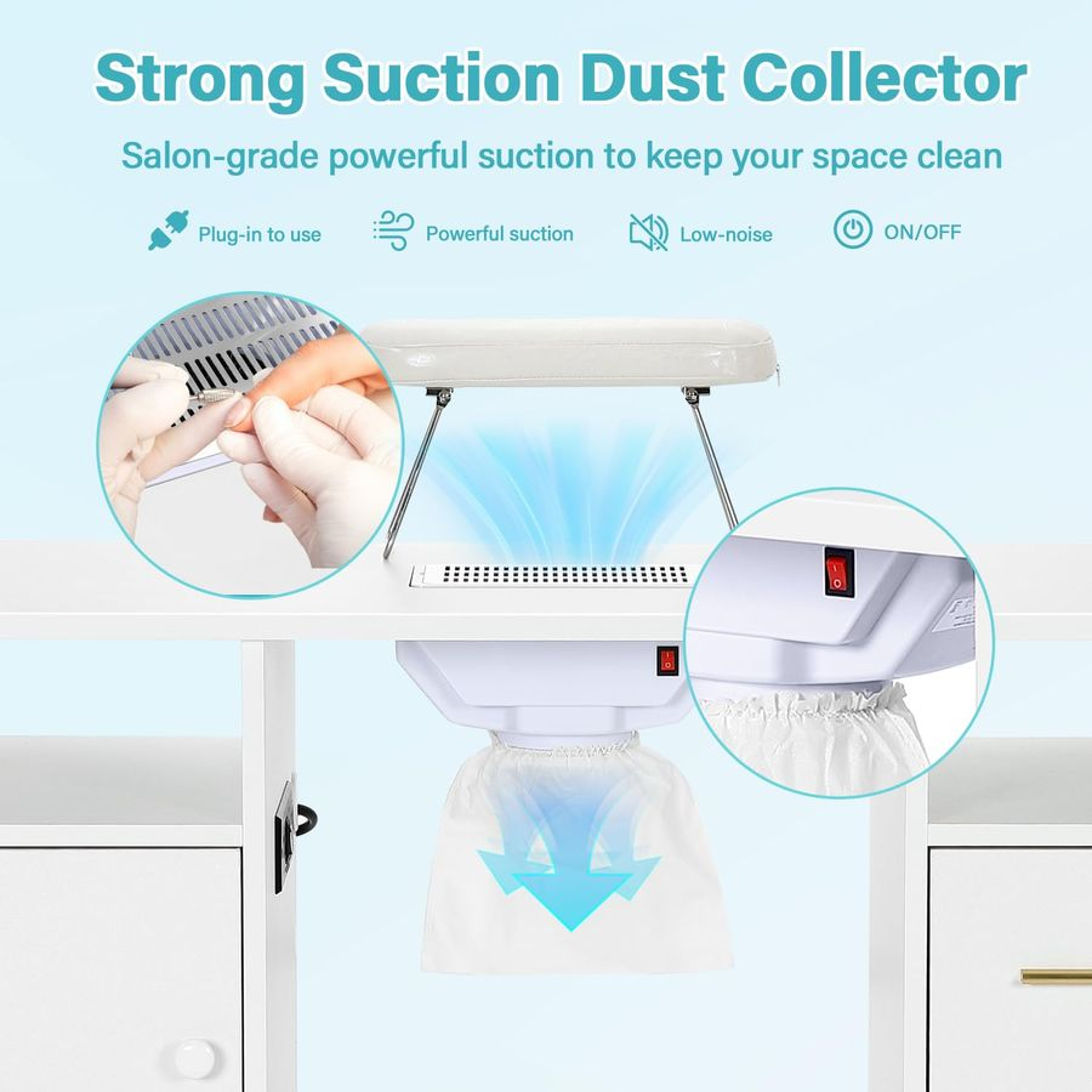 Nail Tech Table Desk With Charging Station Dust Collector LED Lamp NonWoven Drawers 5