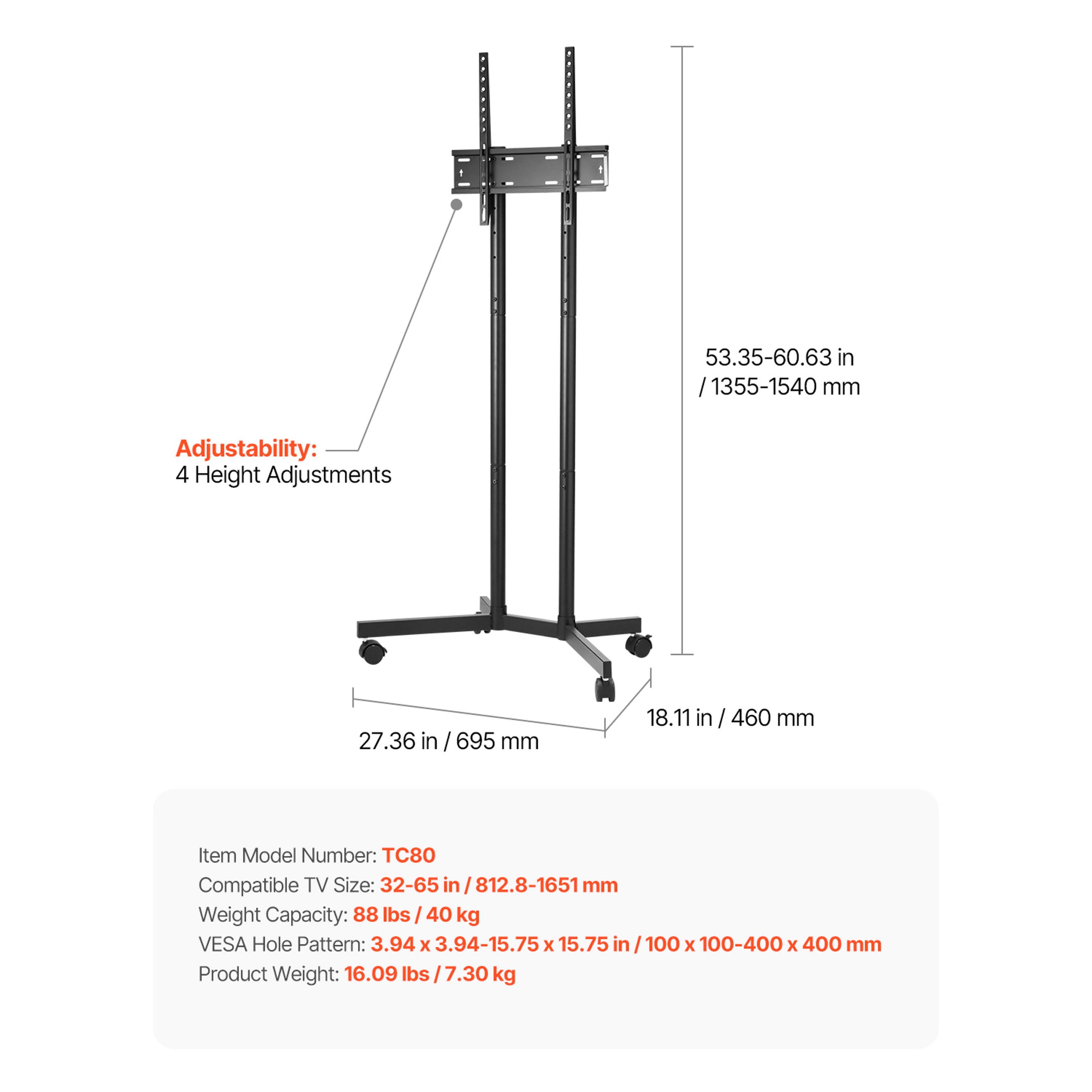 Mobile TV Stand On Wheels Rolling TV Cart With Adjustable Height Portable Stand For Living Room Bed 5