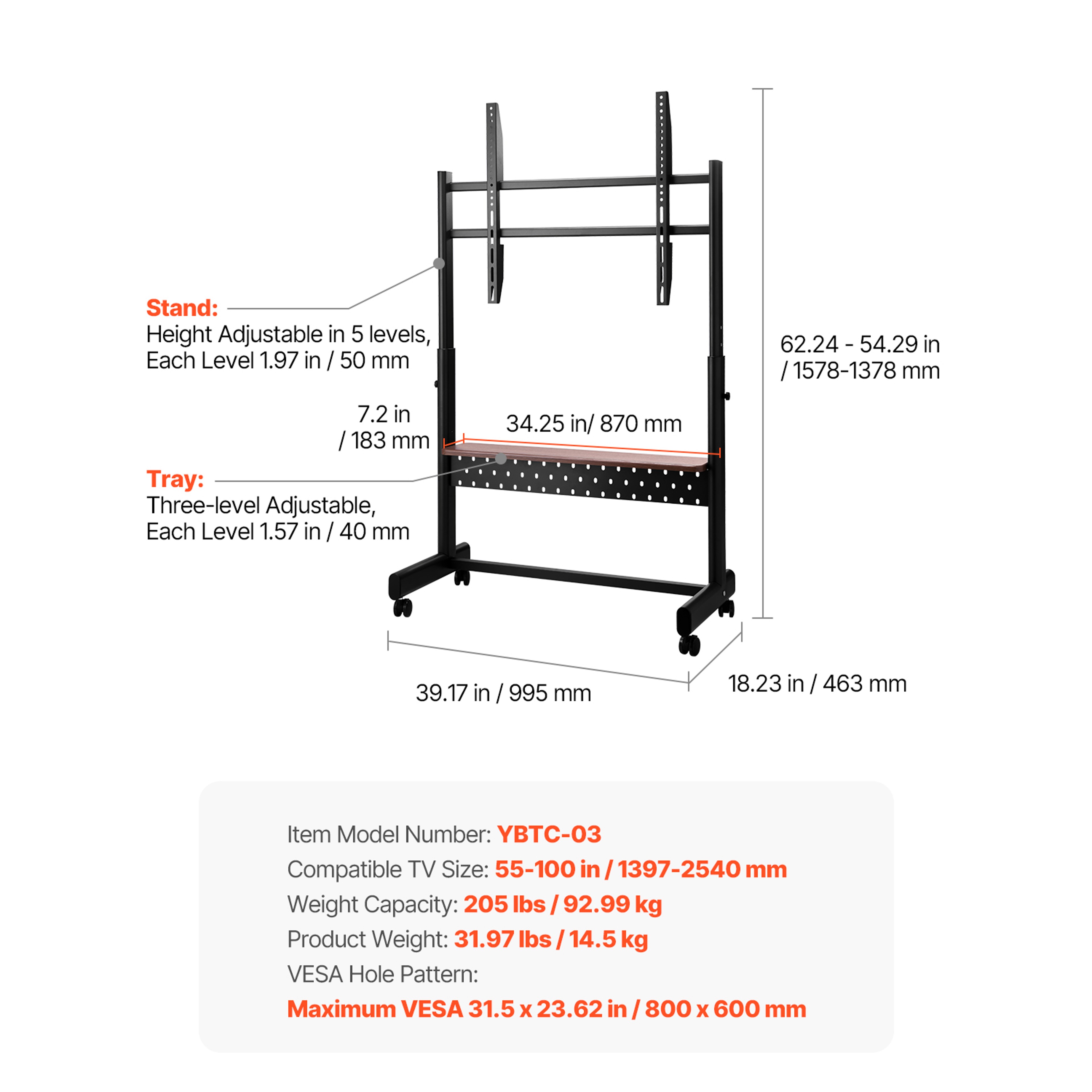 Mobile TV Stand On Wheels Rolling TV Cart With Adjustable Height Portable Stand For Living Room Bed 8