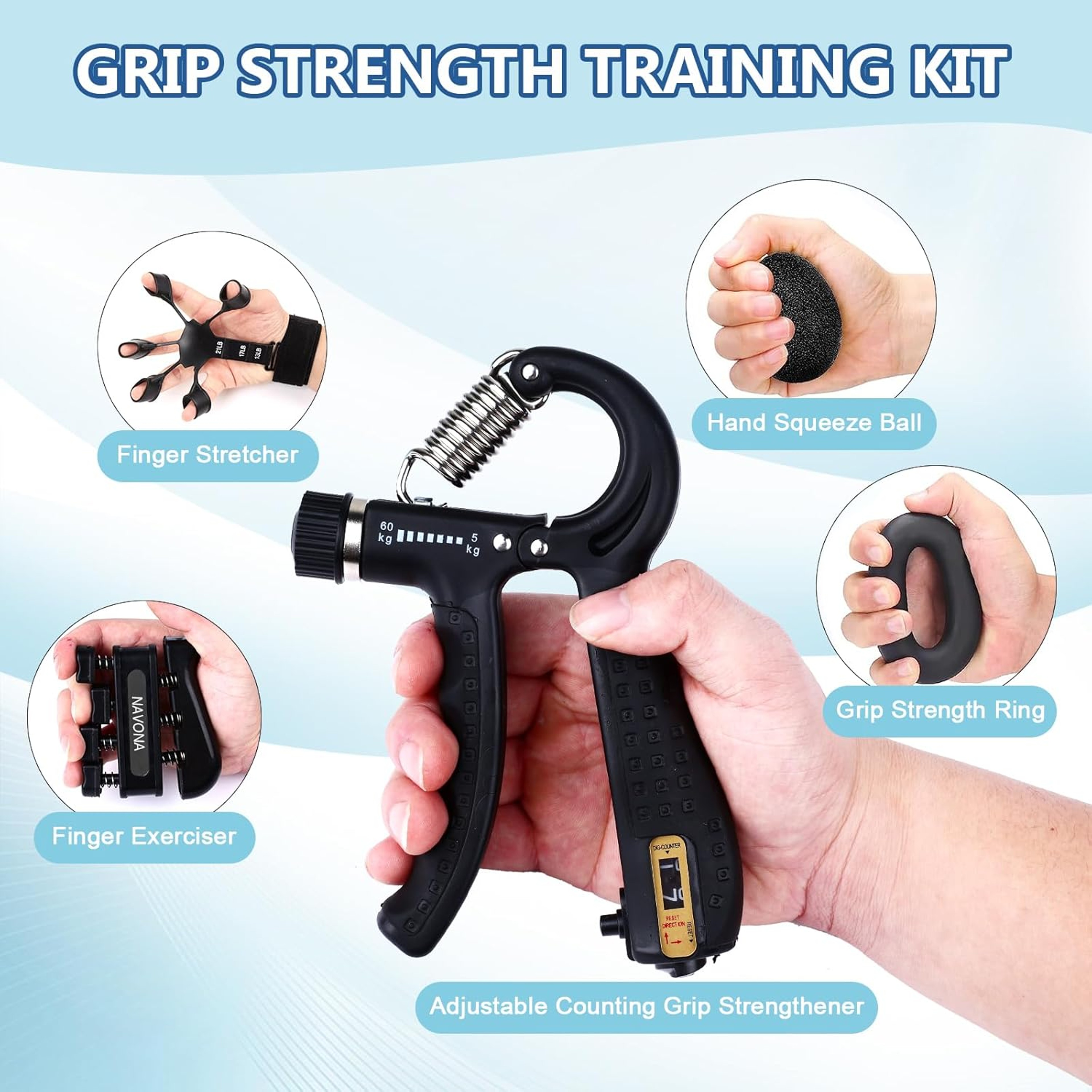 Adjustable Hand Gripper Grip Trainer Kit Finger Hand Exercisers Stress Ball Forearm Ring For Injury 2