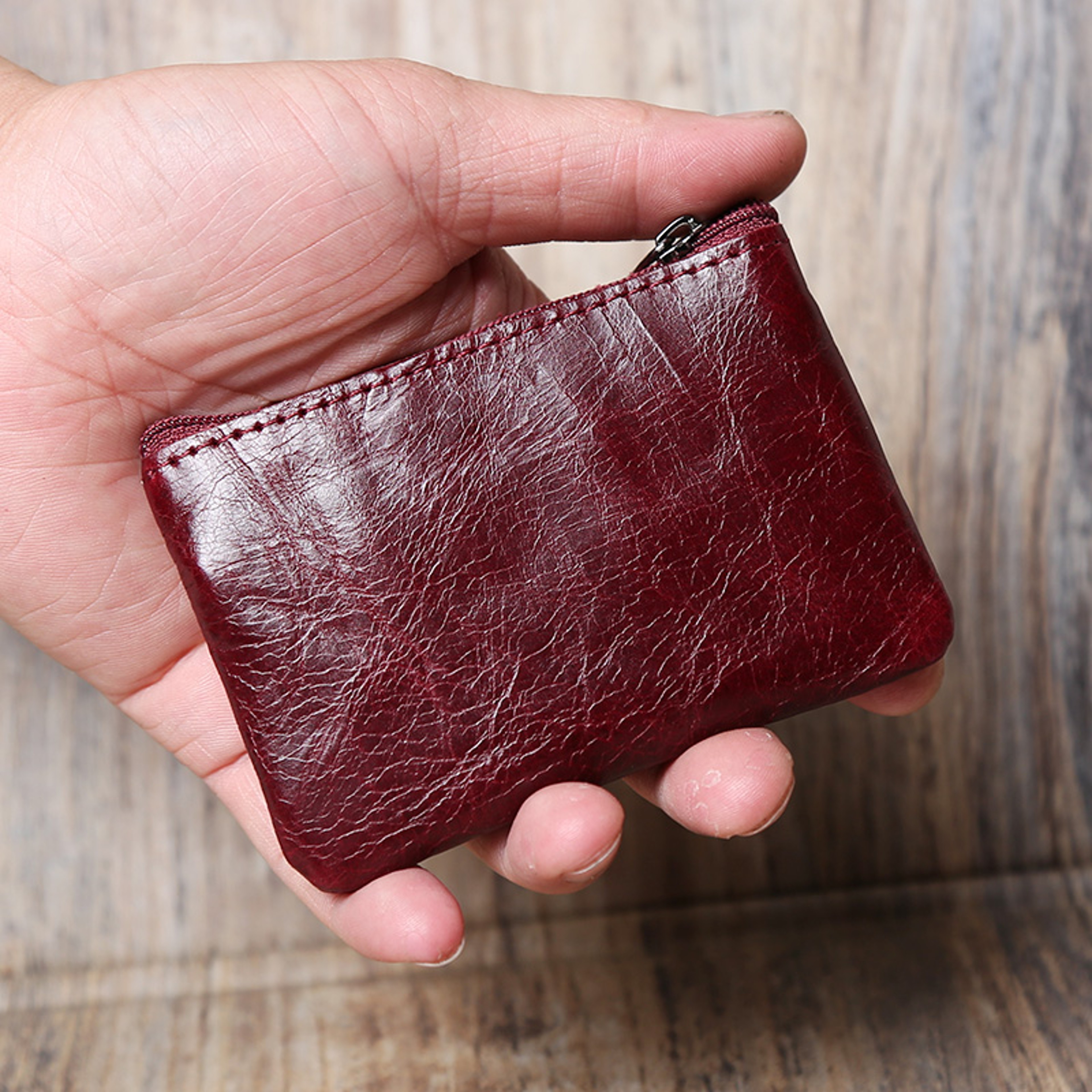 Leather Mini Coin Purse Handmade, Portable Cowhide Wallet for Keys & Coins, Retro Zippered Design – view 7