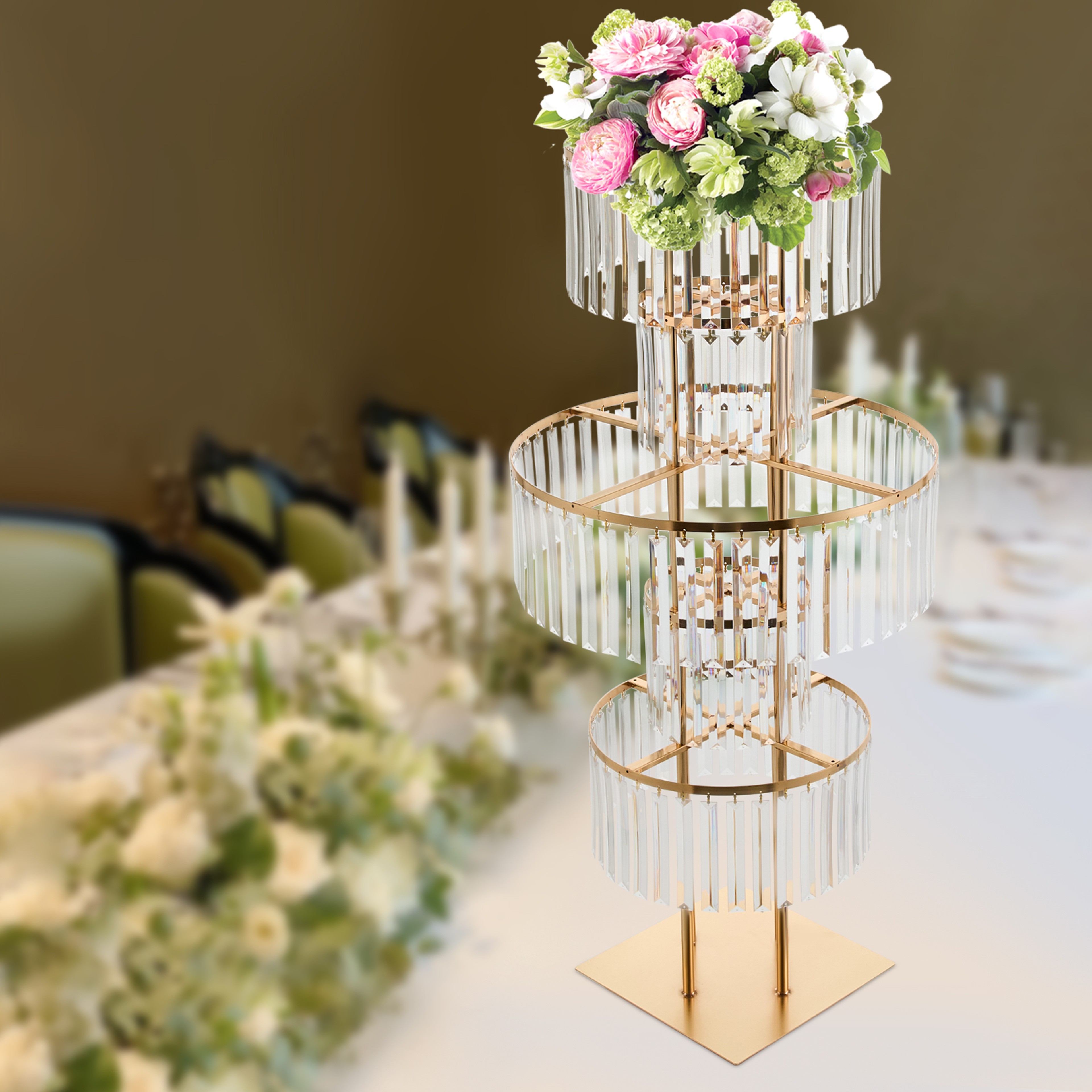 Gold Silver Wedding Flower Stand Centerpiece With Hanging Acrylic Vases 1