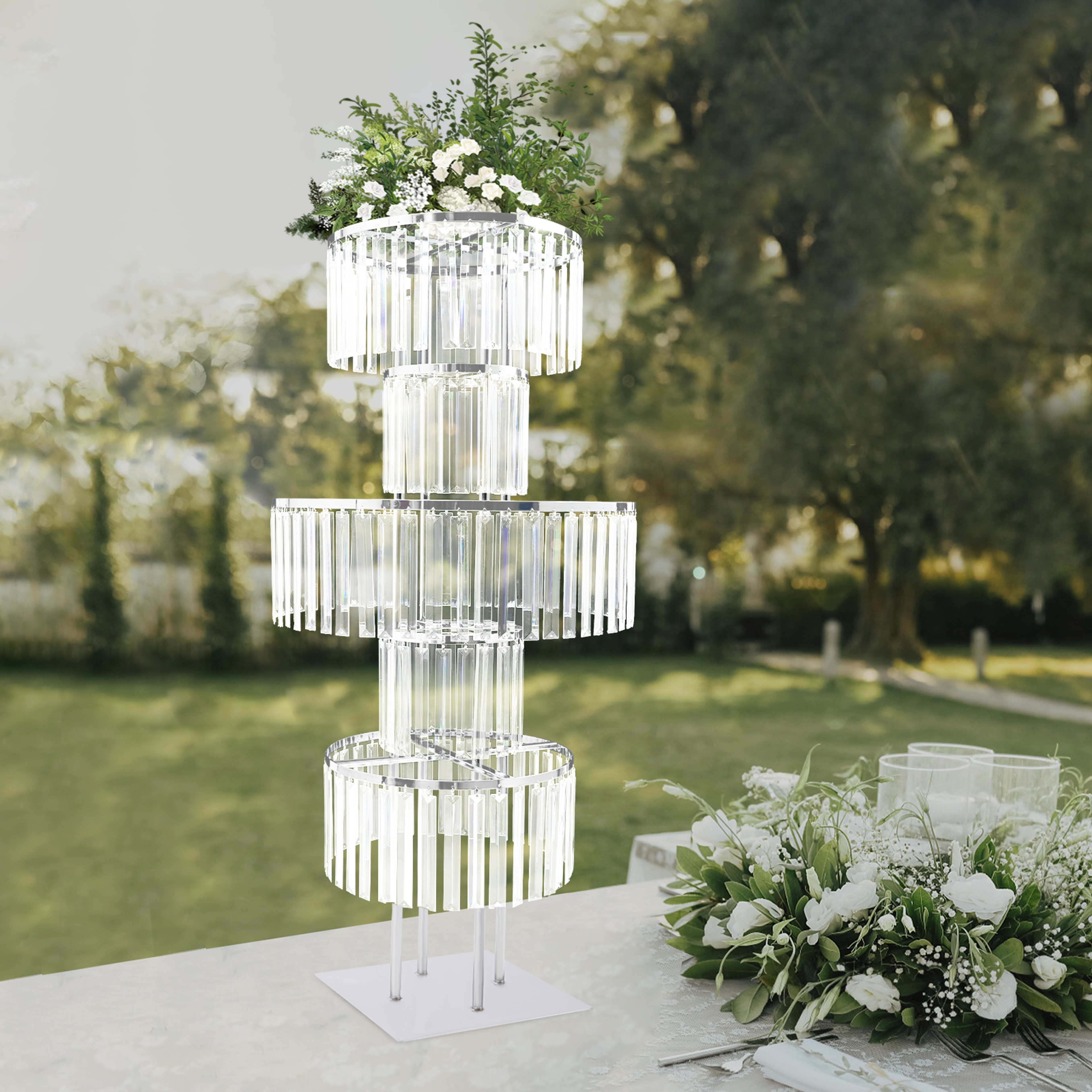Gold Silver Wedding Flower Stand Centerpiece With Hanging Acrylic Vases 3