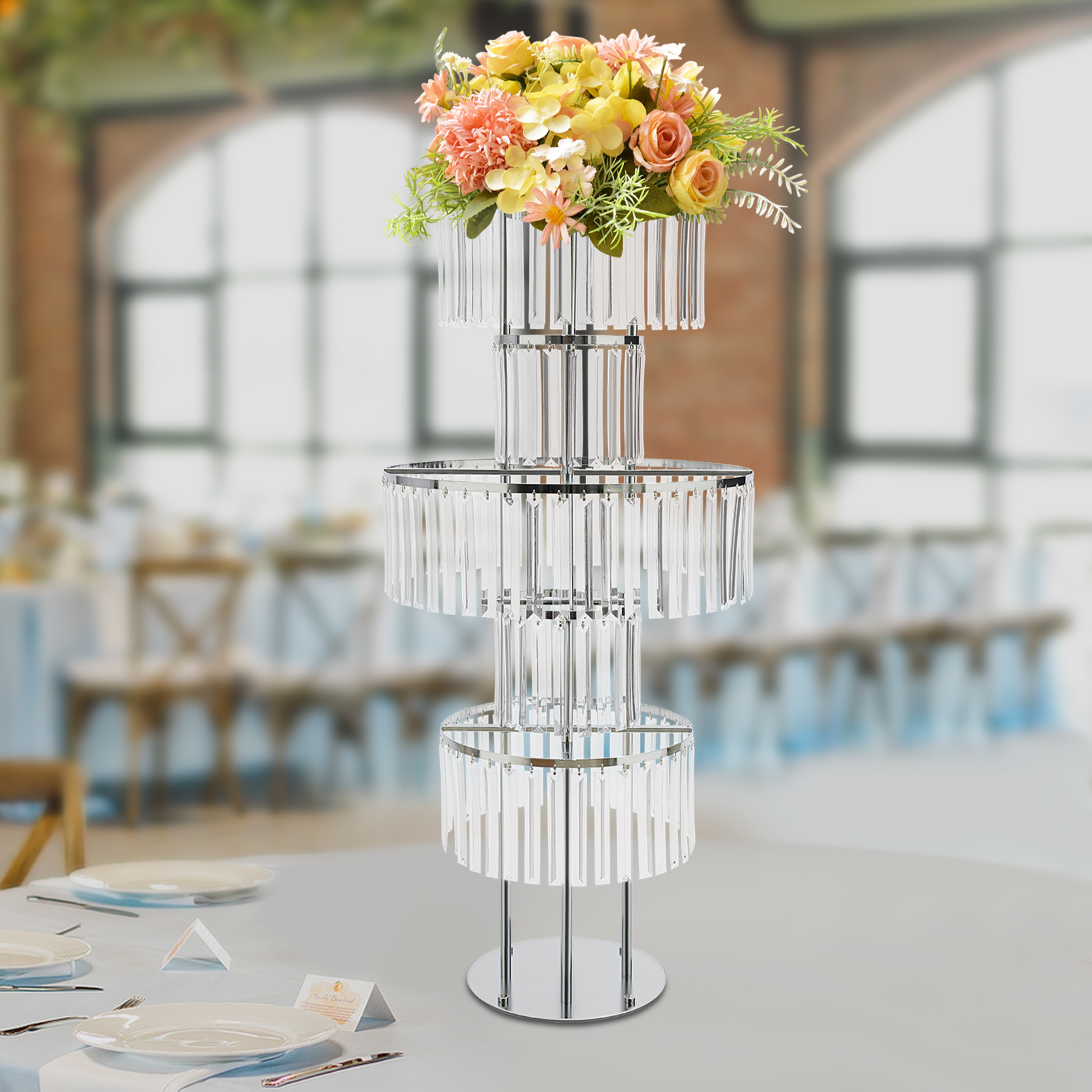 Gold Silver Wedding Flower Stand Centerpiece With Hanging Acrylic Vases 4