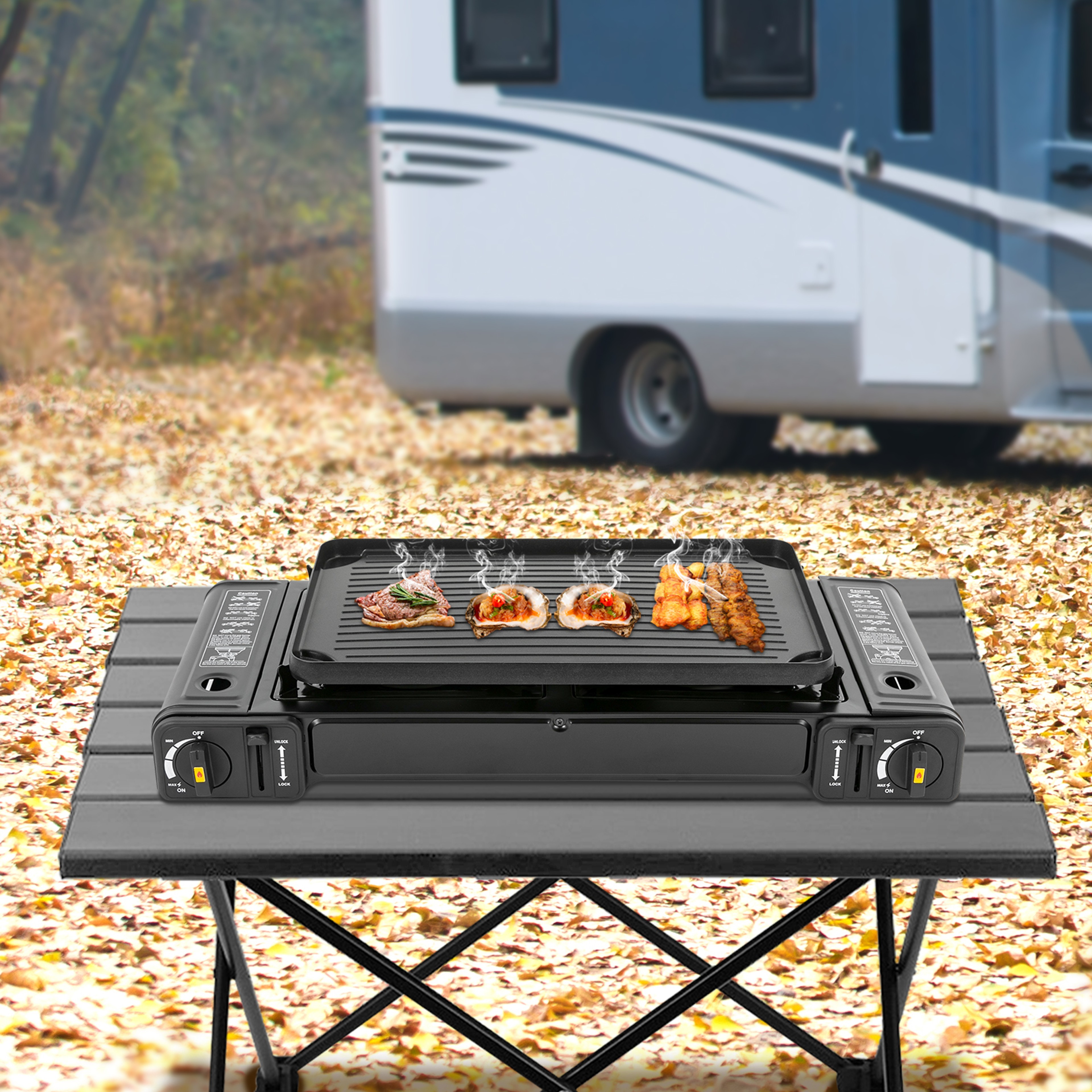 Double Head Barbecue Gas Stove With Baking Tray Ideal For Home And Outdoor Cooking 0