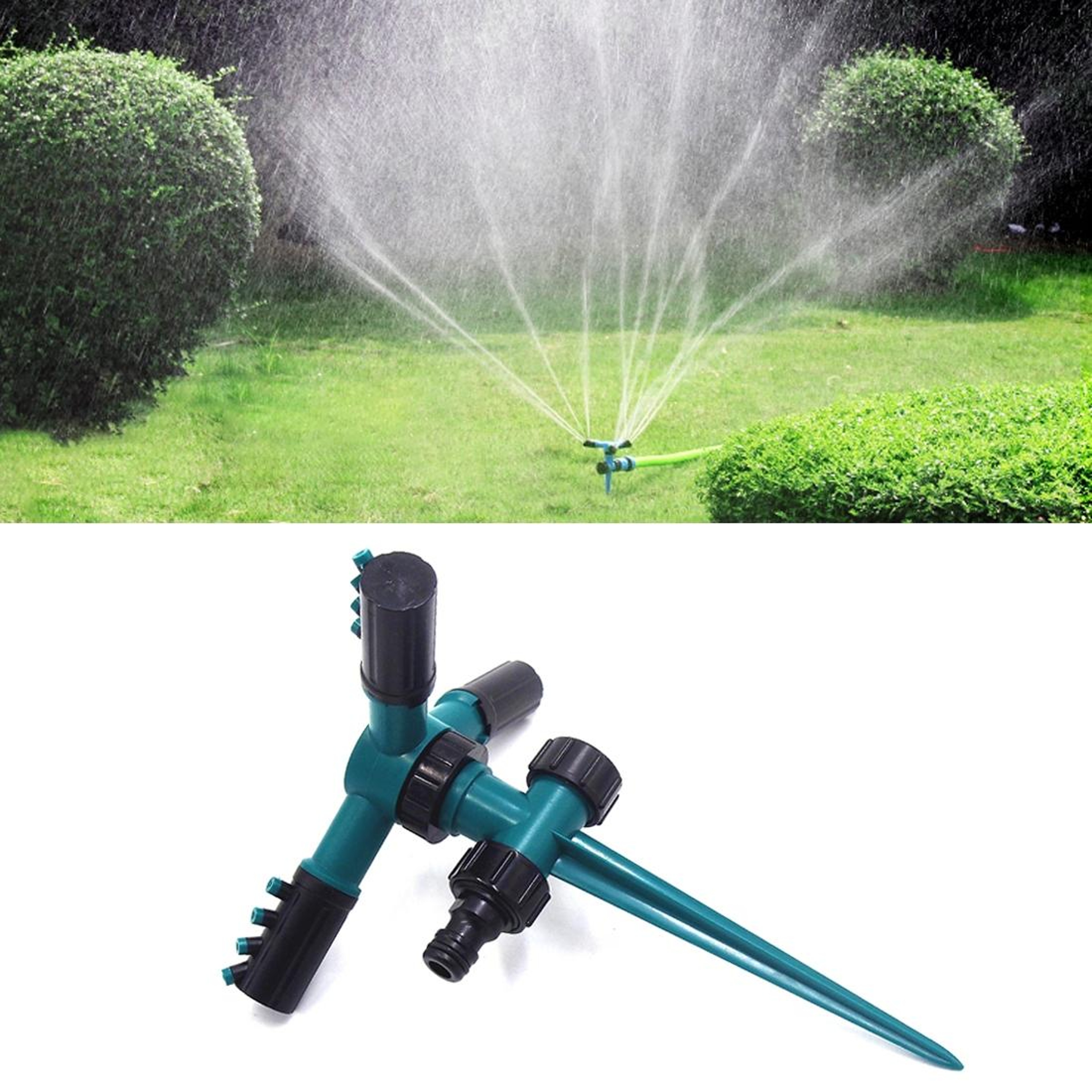 360 Rotating Garden Sprinkler With Adjustable Spray Arms  Spike Base Lawn Irrigation System 0