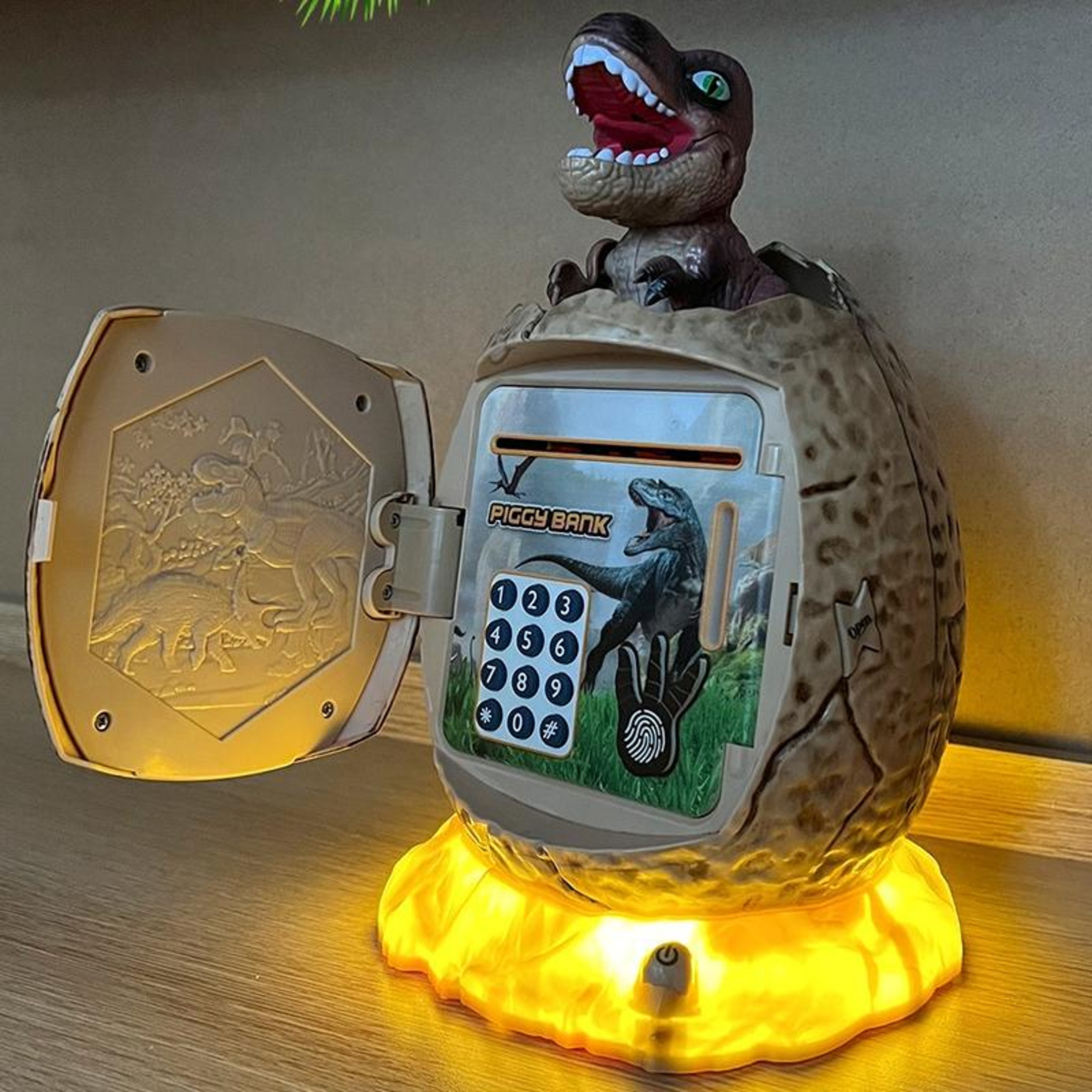 T Rex Dinosaur Piggy Bank for Kids with Fingerprint Password Lock and Auto Money Roll – view 3