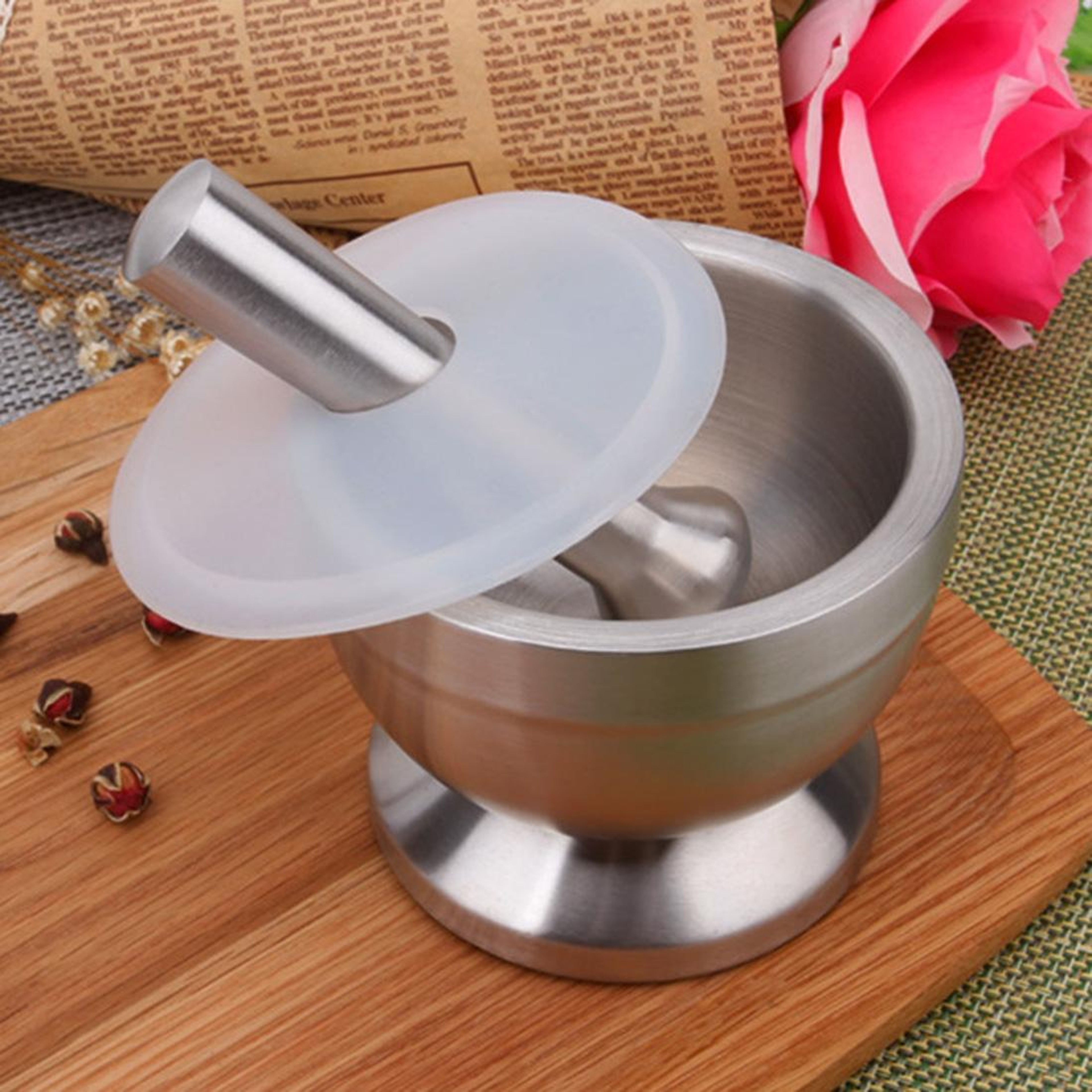 Stainless Steel Mortar and Pestle Garlic Crusher Bowl with Lid Compact Kitchen Grinder – view 2