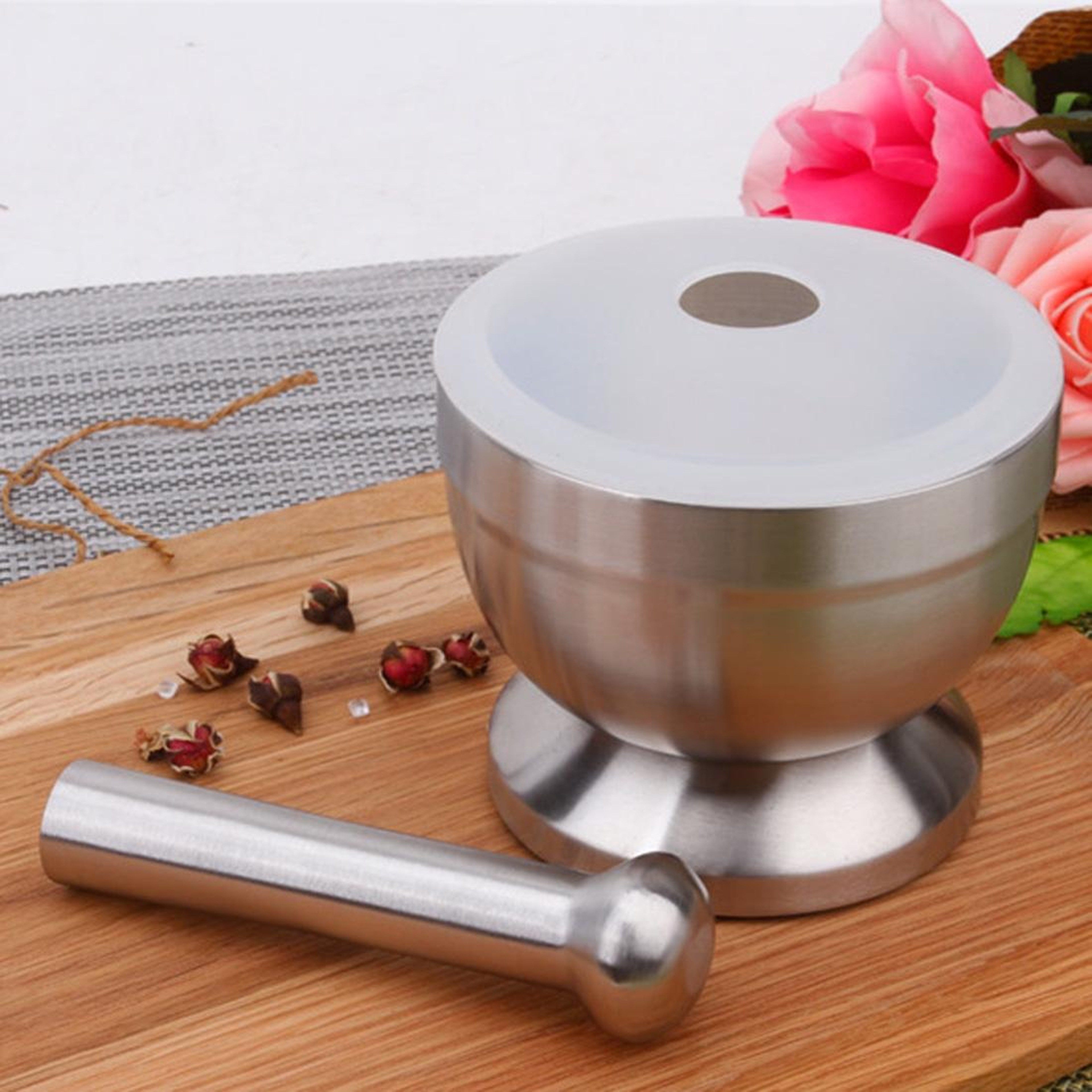 Stainless Steel Mortar and Pestle Garlic Crusher Bowl with Lid Compact Kitchen Grinder – view 4