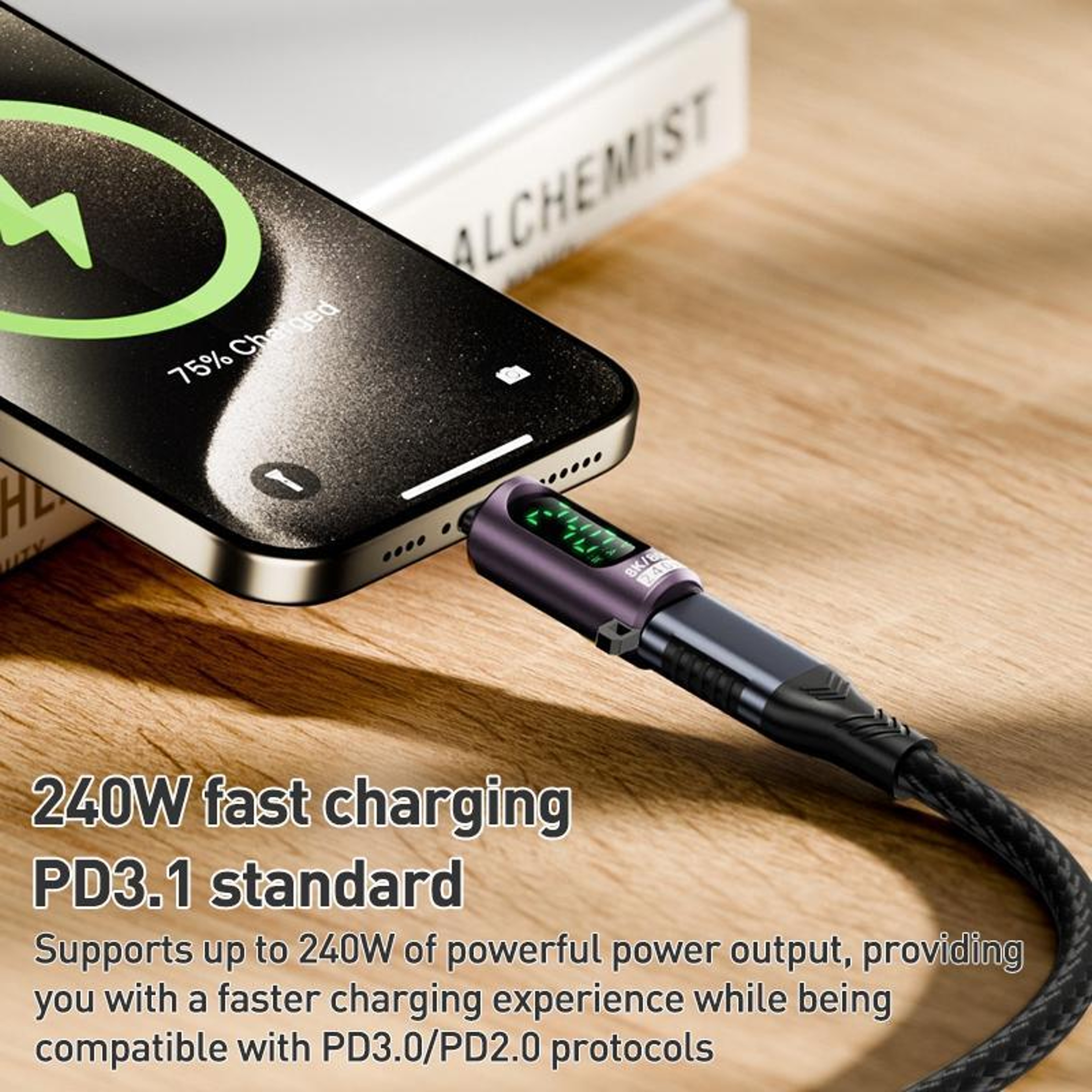 240W USB C To USB C Adapter With Display Fast Charging Data Cable Converter 5