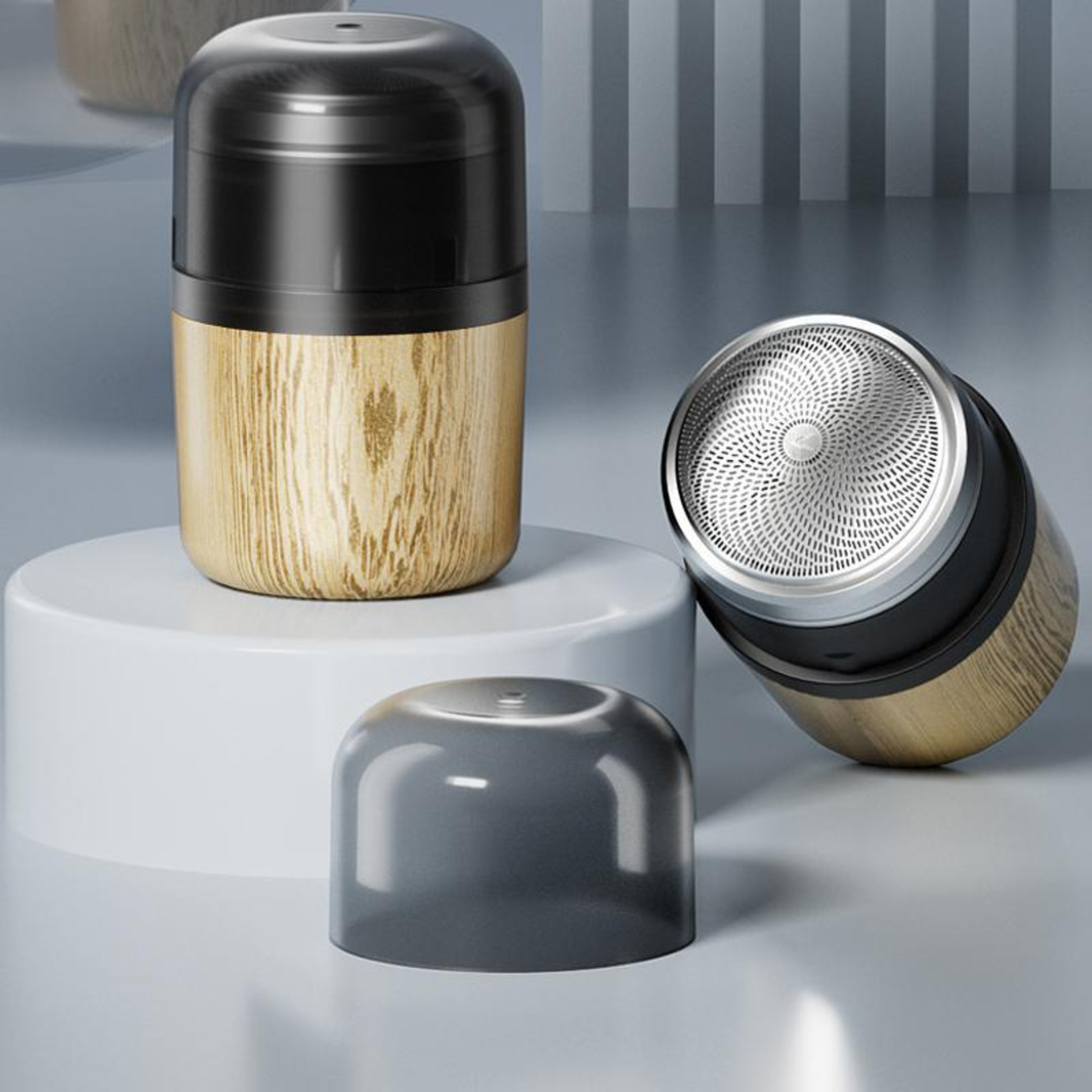 Wood Grain Electric Shaver For Men Rechargeable Rotary Razor With Stainless Steel Blades 0