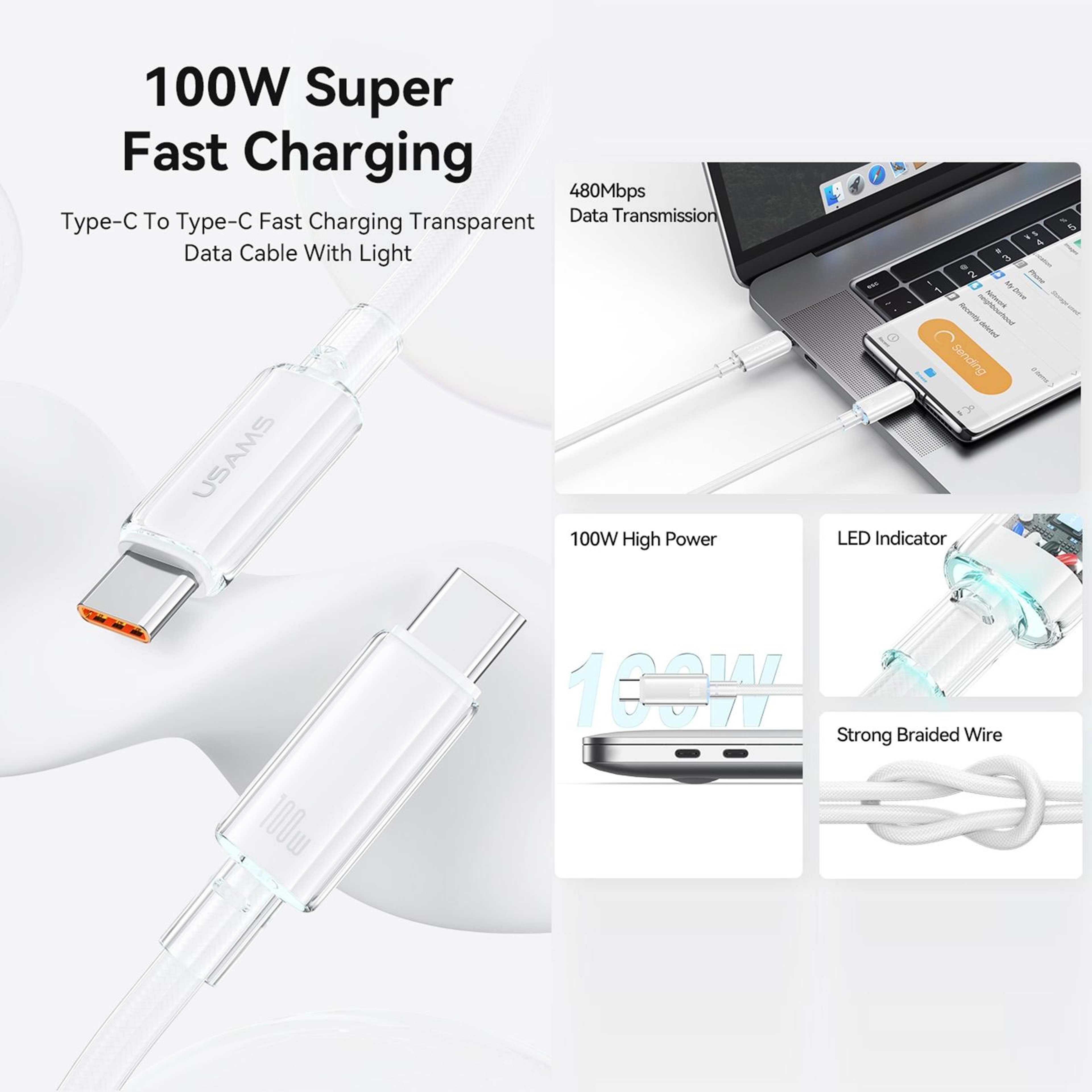 100W Type C Fast Charging Cable With LED Indicator Braided USB C Data Cable 1