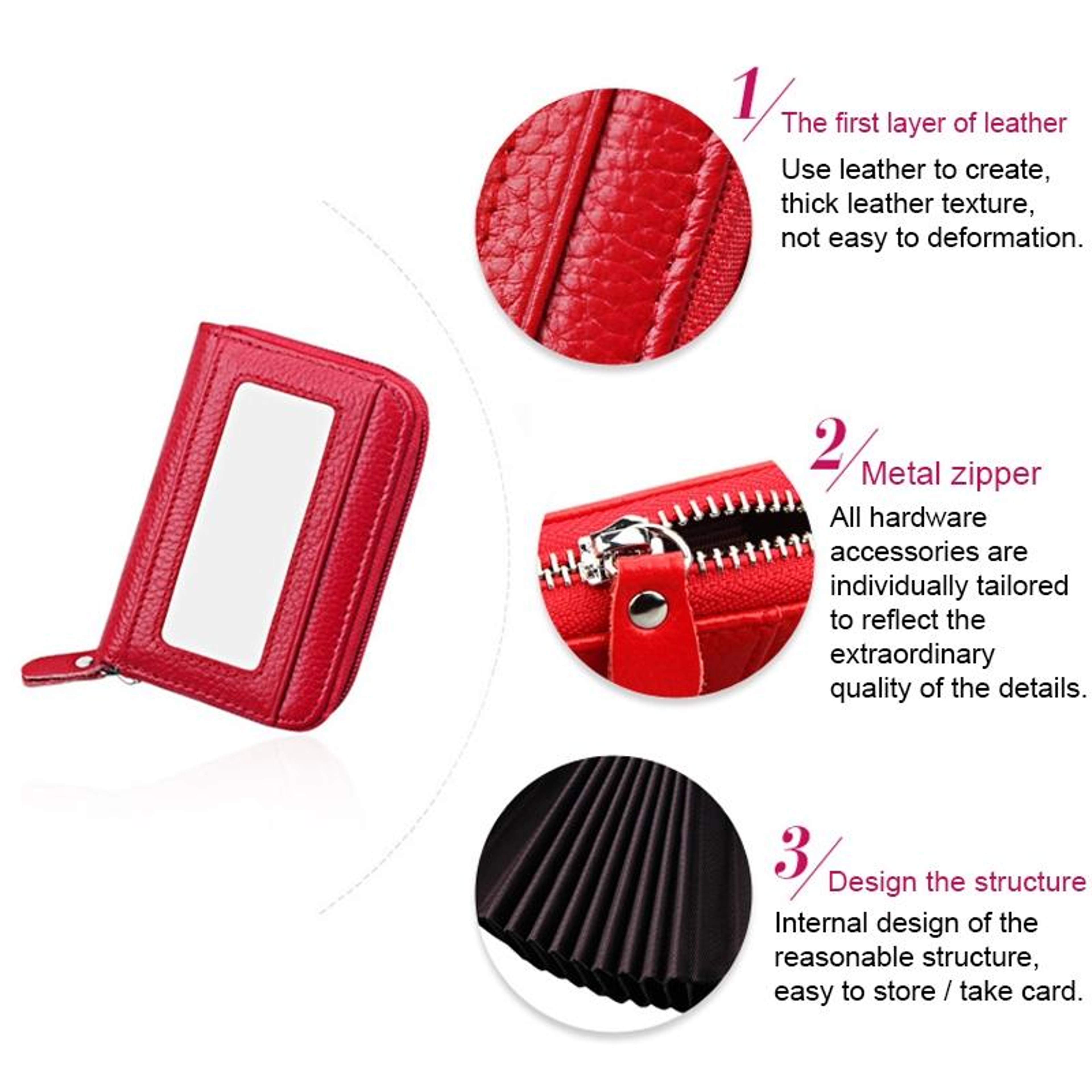 RFID Blocking Leather Card Holder Wallet Slim Zipper Cowhide Organizer With 12 Slots 2